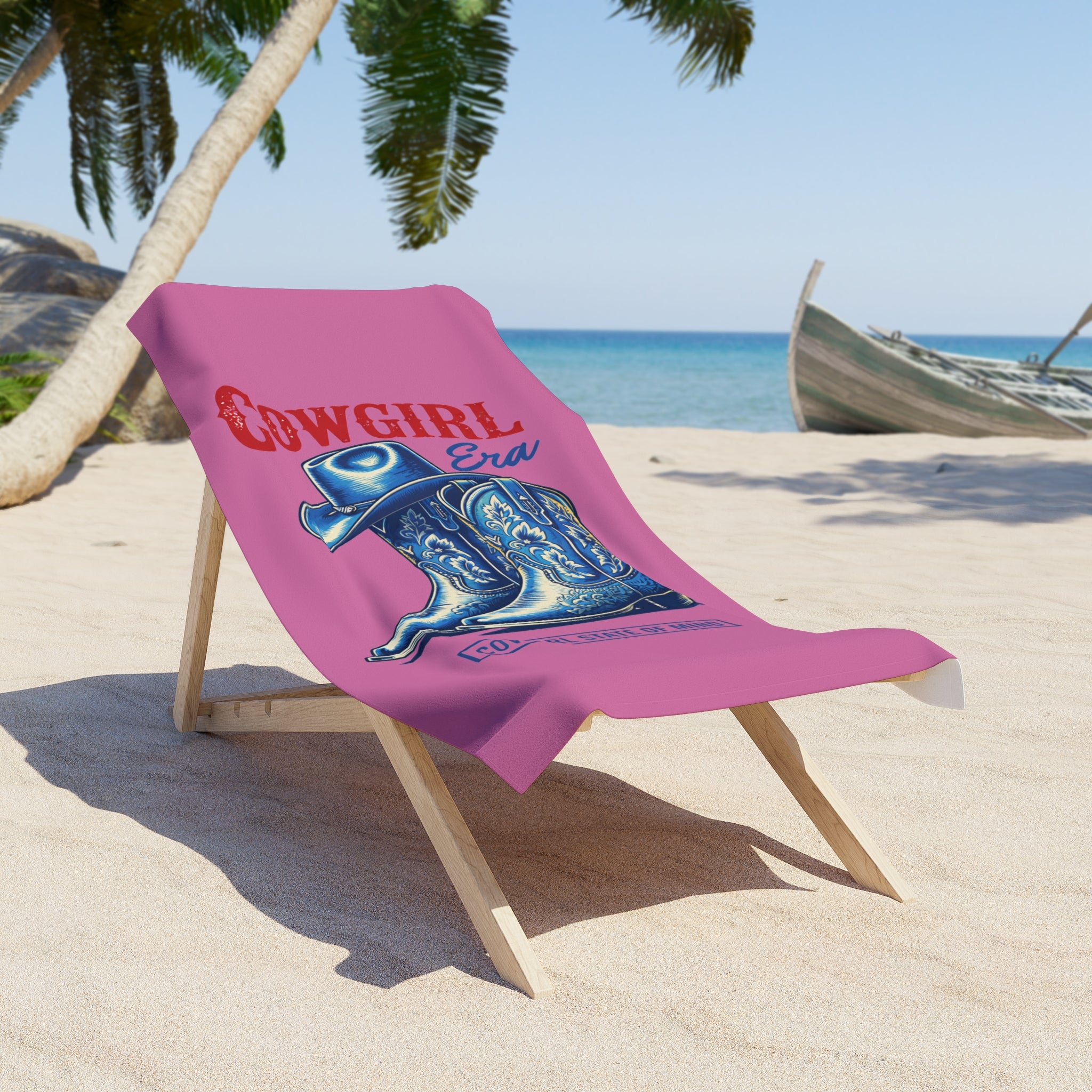 Cowgirl Era Beach Towel — Pink Western Cowboy Boots Design - Creations by Chris and Carlos