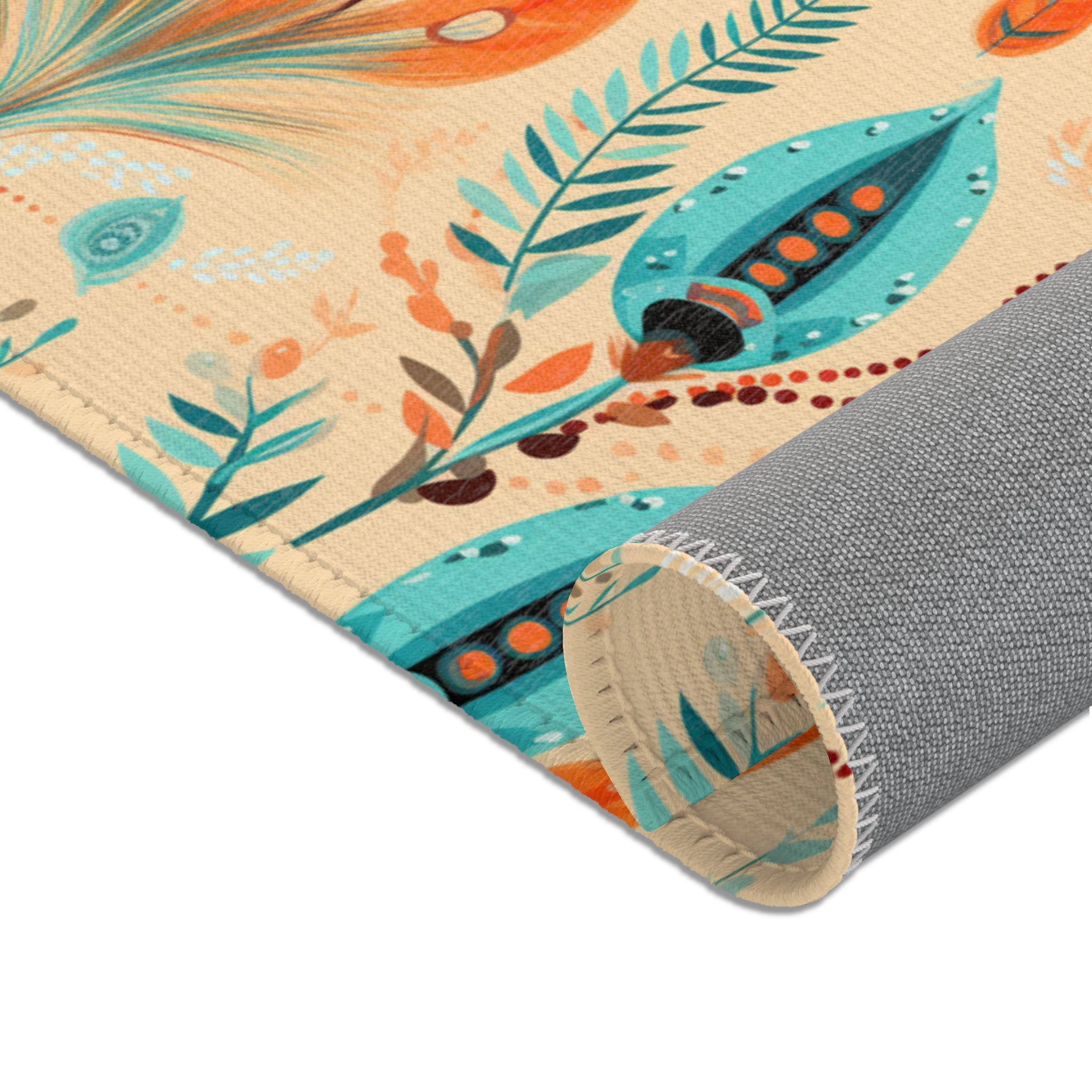 Sol y Alegría (Sun and Joy) Collection- Boho Feather Pattern Area Rug — Turquoise & Coral Accent Rug - Creations by Chris and Carlos