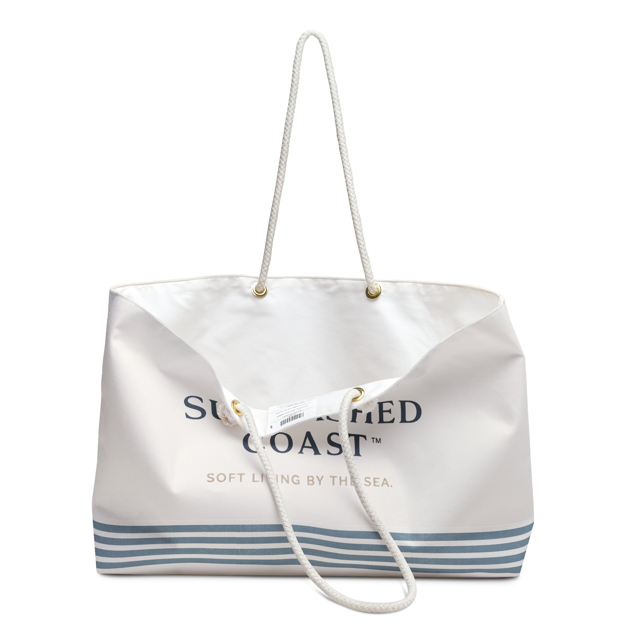 Sunwashed Coast Weekender Bag – Nautical Beach Tote with 'Soft Living by the Sea' Logo - Creations by Chris and Carlos