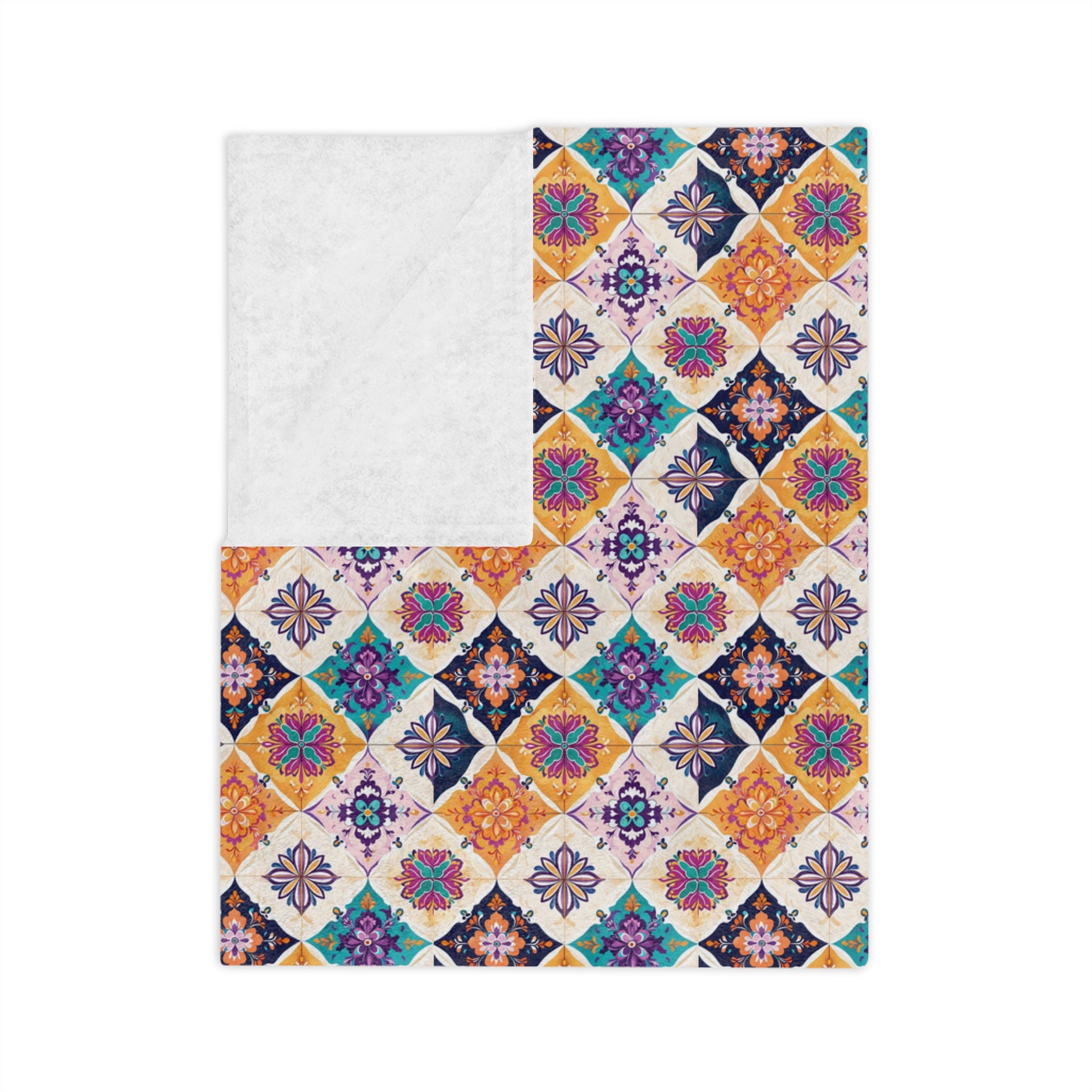 Velveteen Microfiber Blanket — Colorful Moroccan Tile Pattern Cozy Throw - Creations by Chris and Carlos
