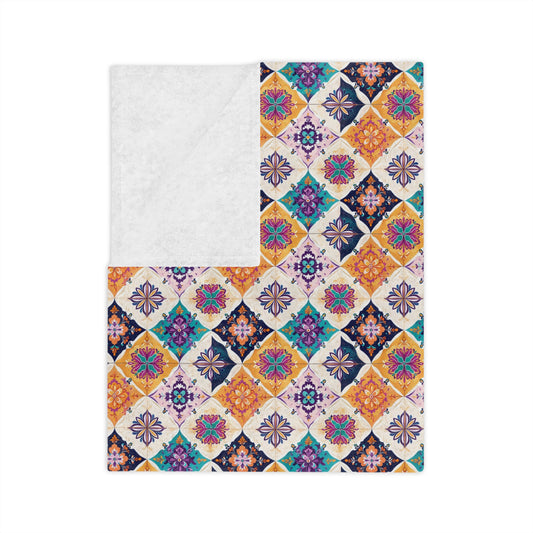 Velveteen Microfiber Blanket — Colorful Moroccan Tile Pattern Cozy Throw - Creations by Chris and Carlos