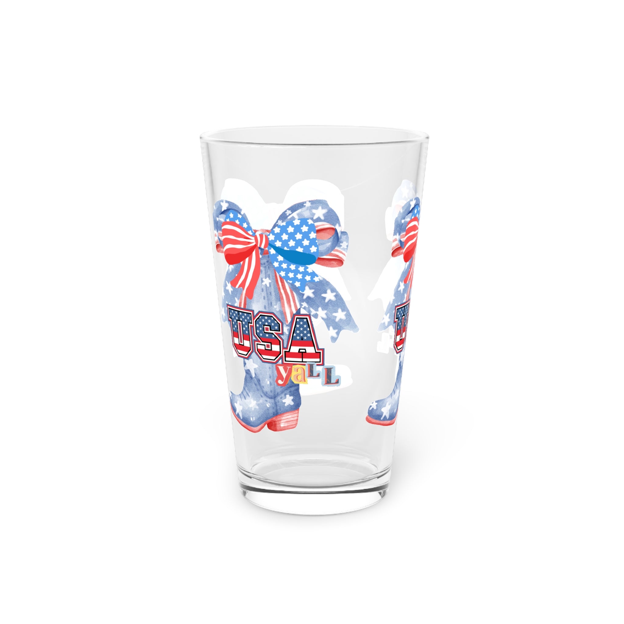 Patriotic 'USA Y'all' 16oz Pint Glass — American Flag Cowgirl Boots Design - Creations by Chris and Carlos