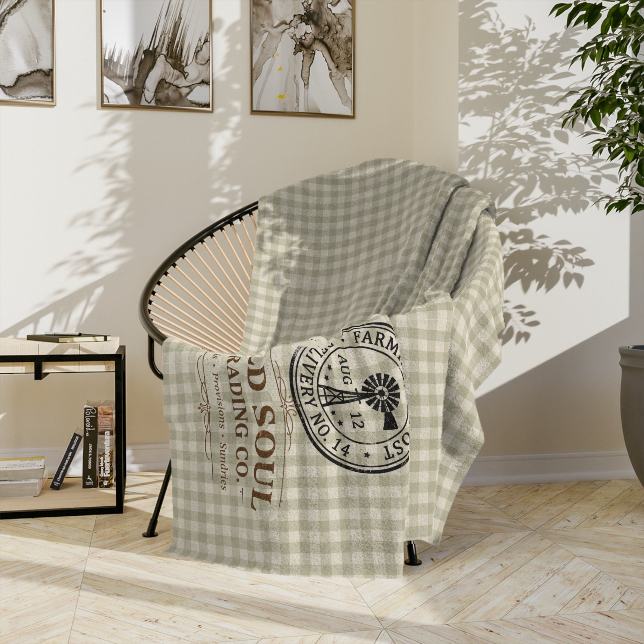 Velveteen Microfiber Blanket — Vintage Plaid 'Old Soul Trading Co.' Cozy Throw - Creations by Chris and Carlos