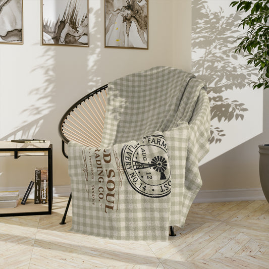 Velveteen Microfiber Blanket — Vintage Plaid 'Old Soul Trading Co.' Cozy Throw - Creations by Chris and Carlos