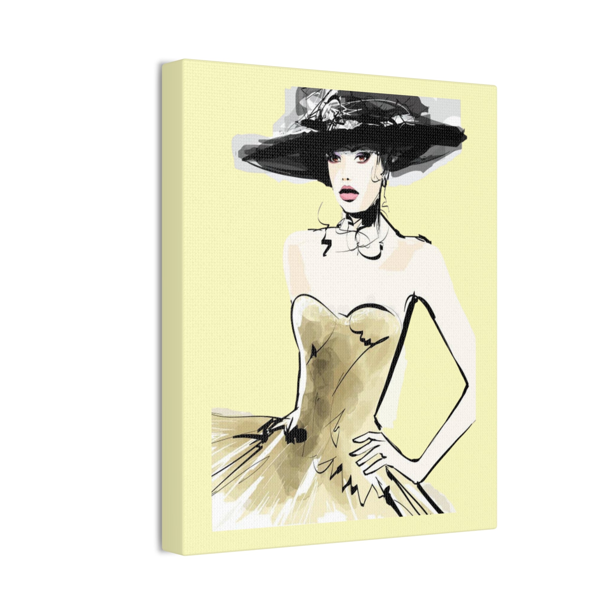 Fashion Illustration Canvas Wall Art - Elegant Woman in Gold Dress (Stretched Canvas) - Creations by Chris and Carlos