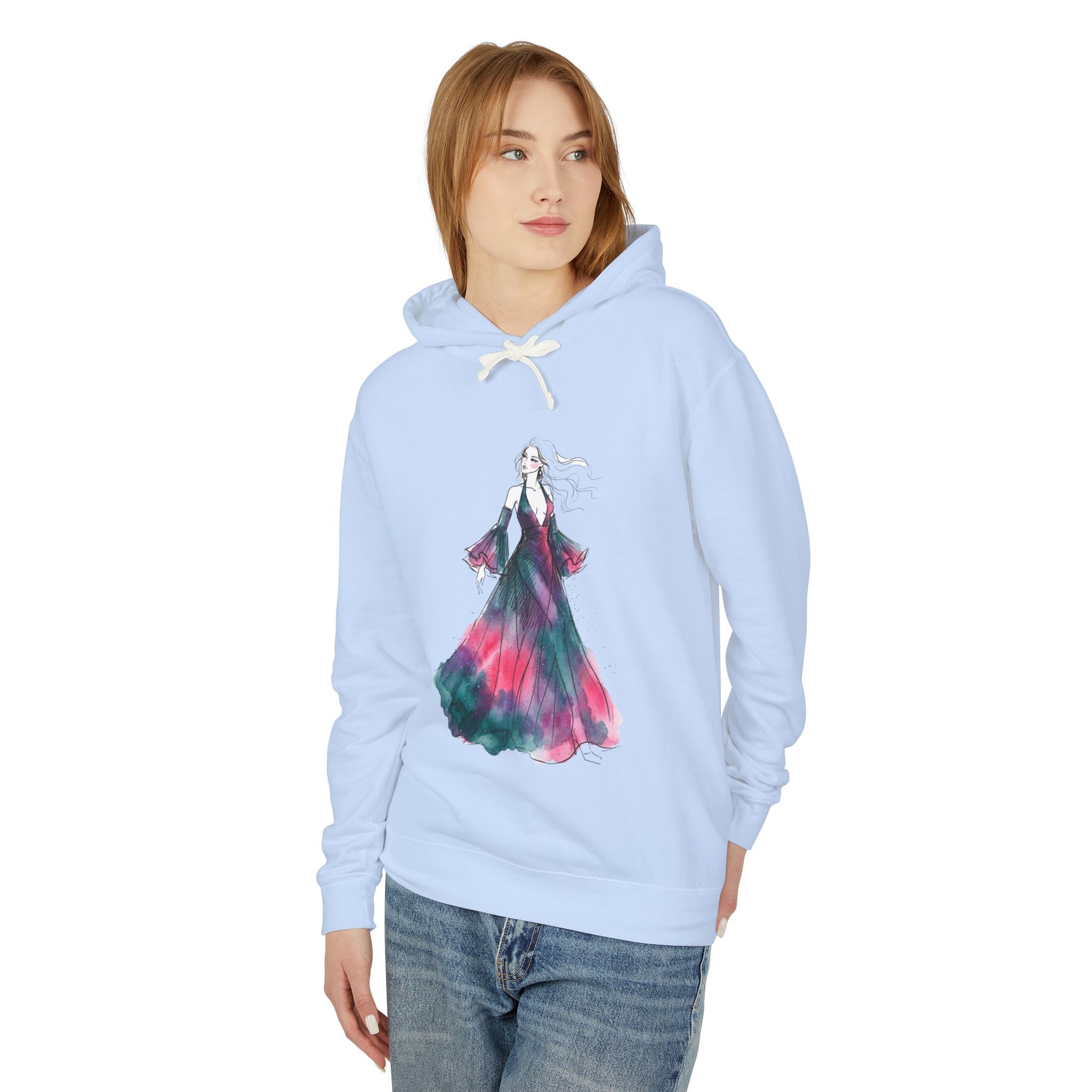 Watercolor Evening Gown Hoodie — Elegant Fashion Illustration Sweatshirt - Creations by Chris and Carlos