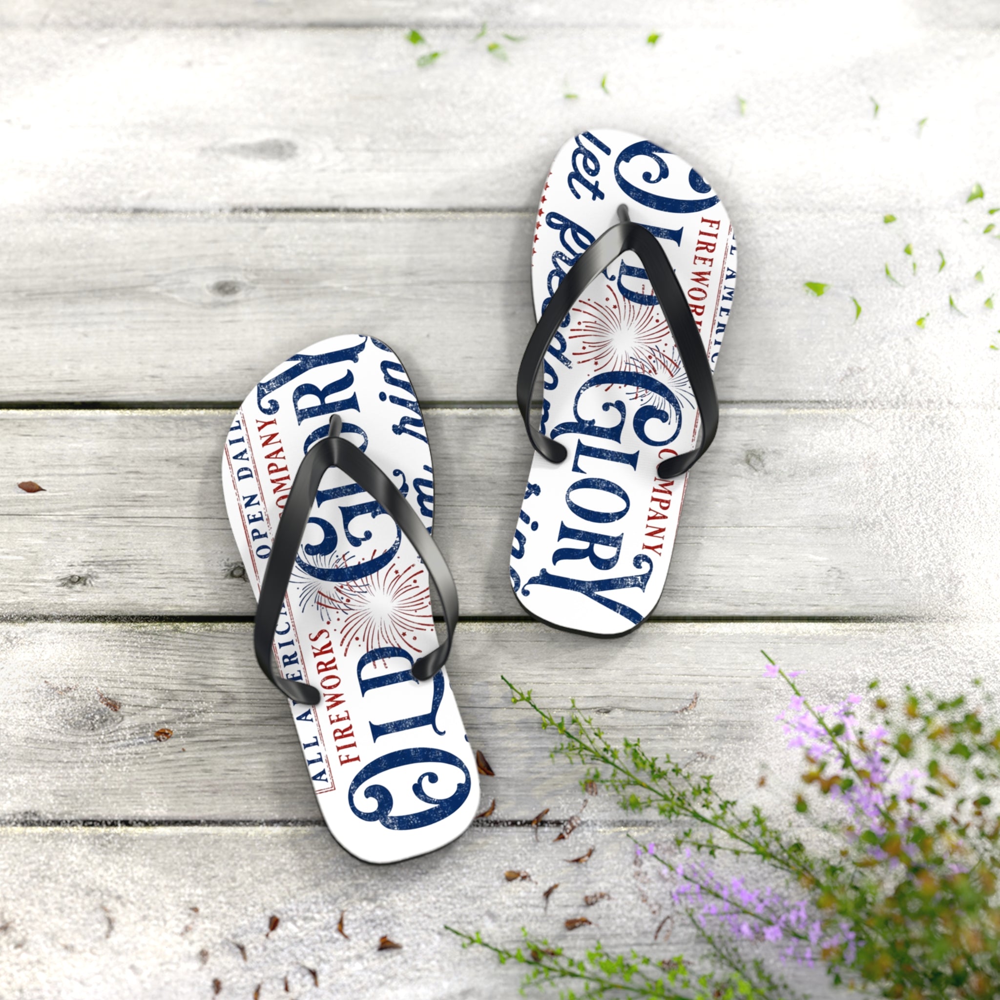 Patriotic 'Glory' Flip Flops – Red White & Blue Fireworks Beach Sandals - Creations by Chris and Carlos