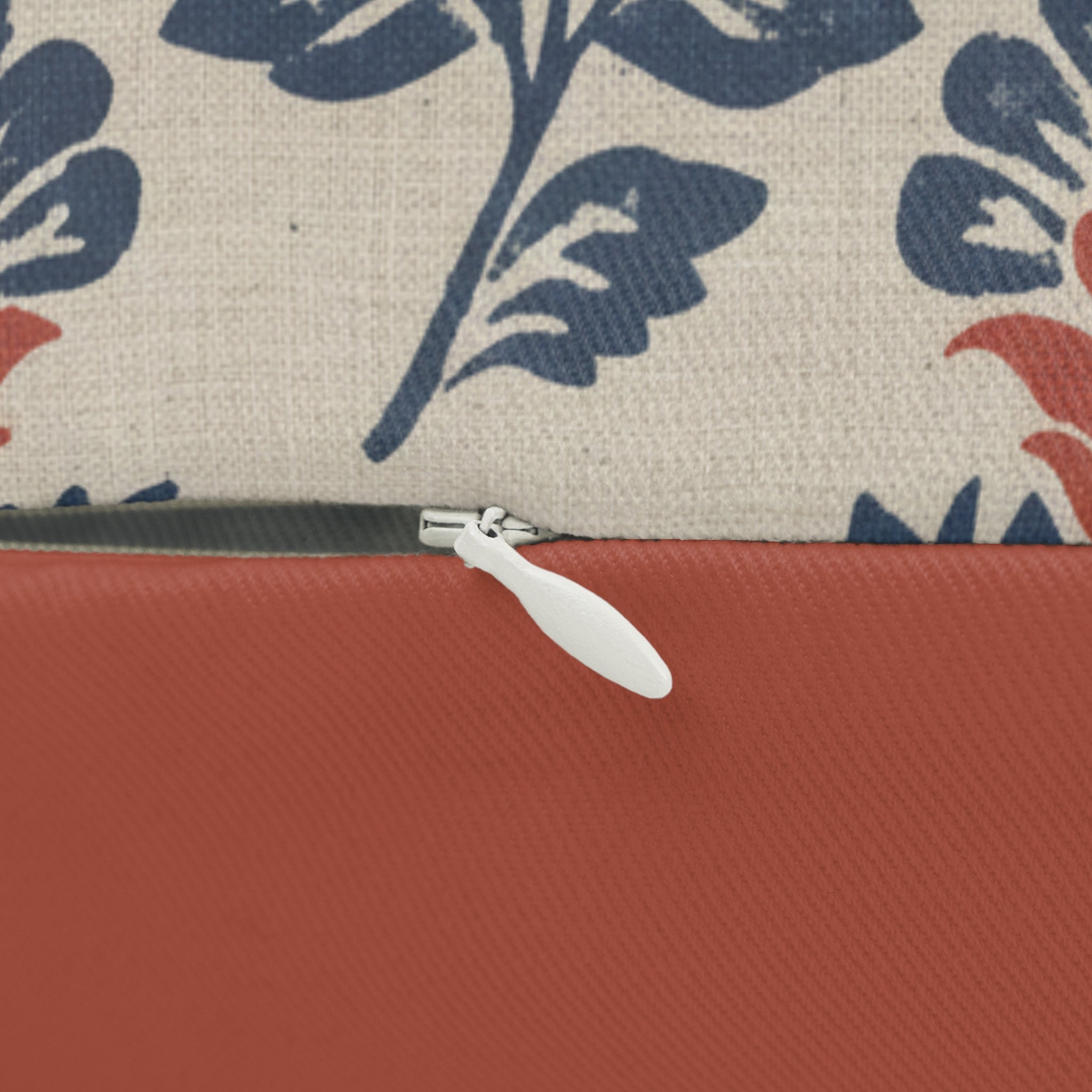 Plumstead Manor Floral Block-Print Lumbar Pillow — Rustic Coral & Navy Accent Cushion - Creations by Chris and Carlos