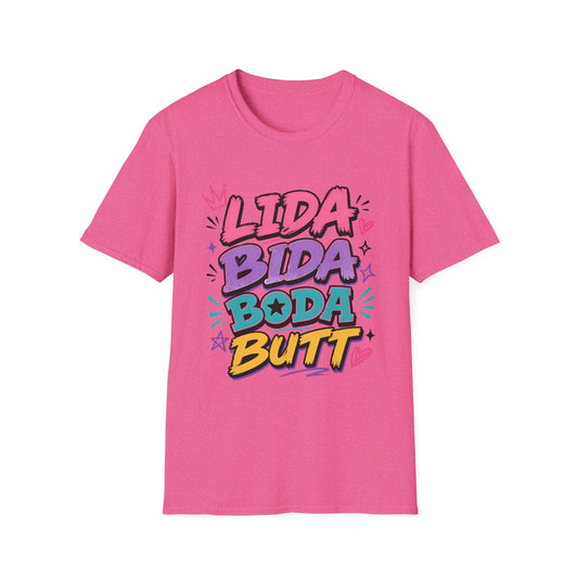 Lida Bida Boda Butt Graphic T-Shirt — TIK TOK FAMOUS Colorful Retro Bubble Letter Tee - Creations by Chris and Carlos