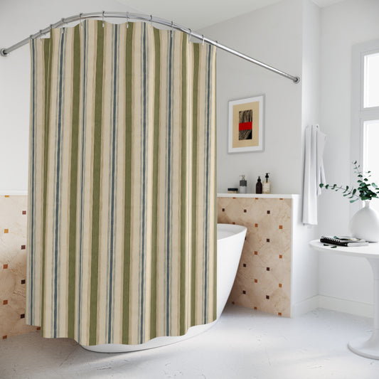 Striped Coastal Shower Curtain — Blue & Olive Vertical Stripe Bathroom Decor - Creations by Chris and Carlos