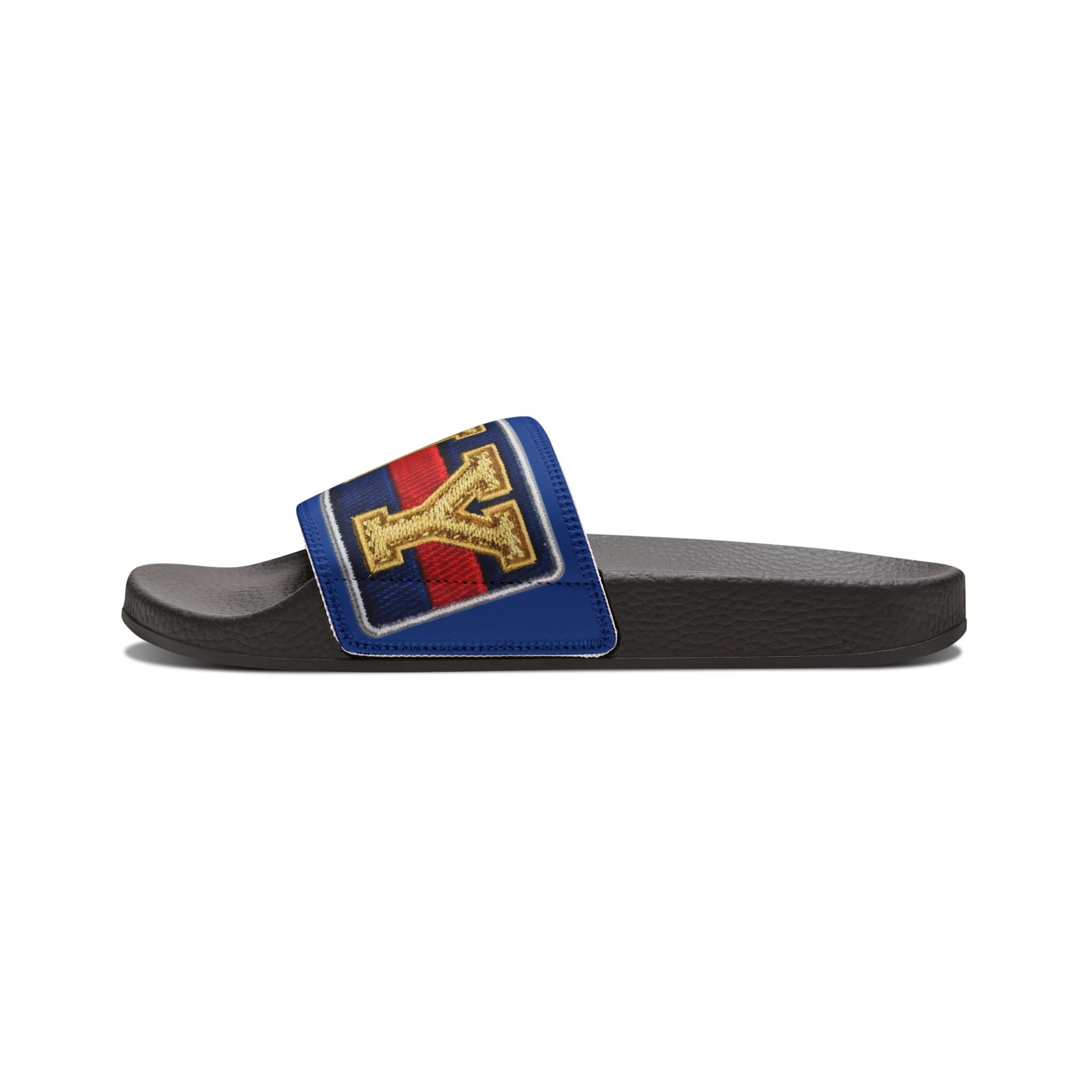 Men's Slide Sandals — BNY Bunny Inspired Retro Lettering Navy & Red Strap - Creations by Chris and Carlos