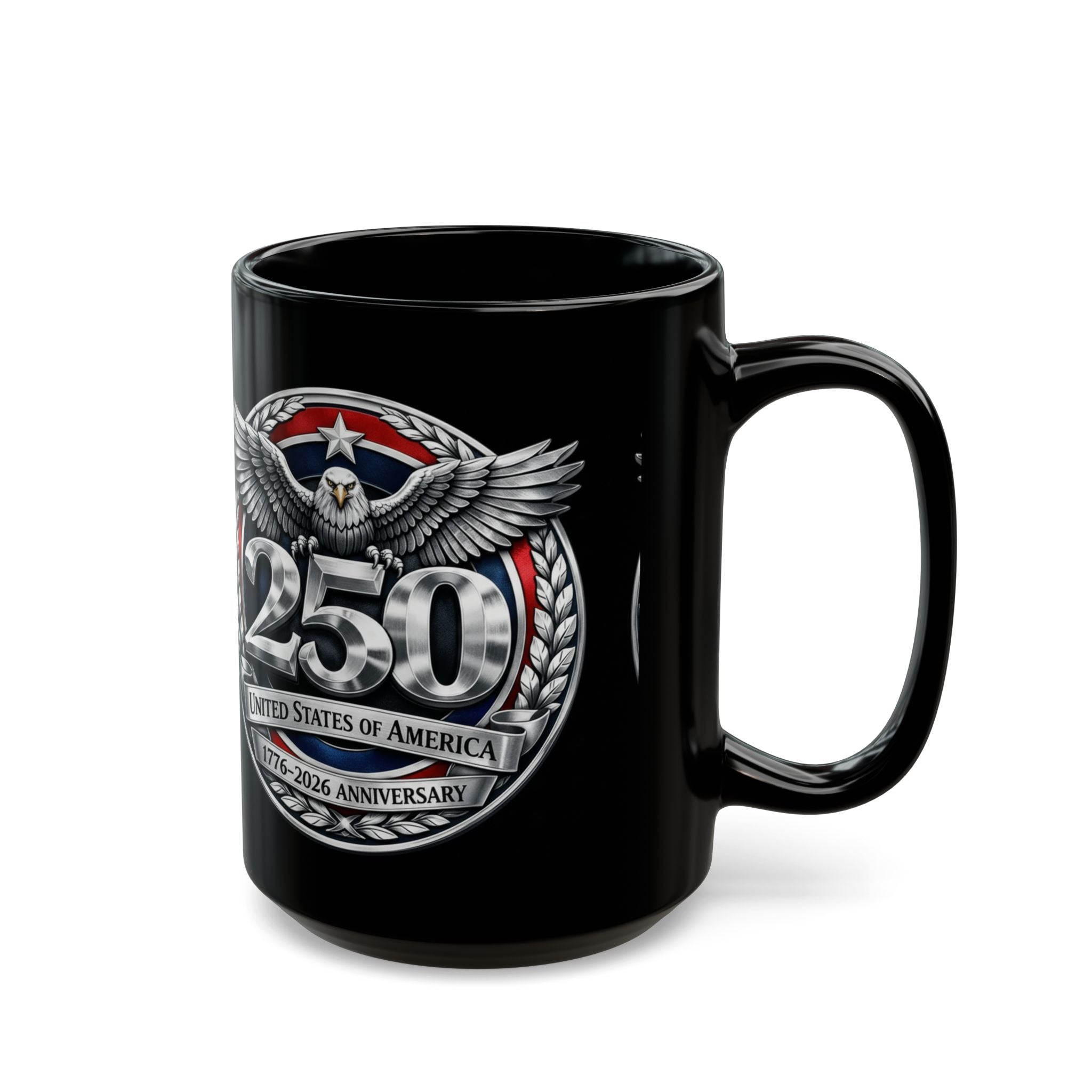 250th Anniversary Eagle Coffee Mug — United States Bicentennial Commemorative Black Mug (11oz, 15oz) - Creations by Chris and Carlos