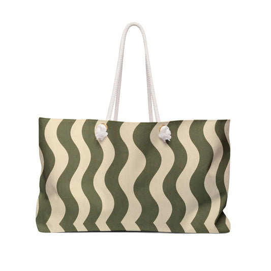 Olive Wavy Stripe Weekender Bag — Retro Beach Travel Tote - Creations by Chris and Carlos