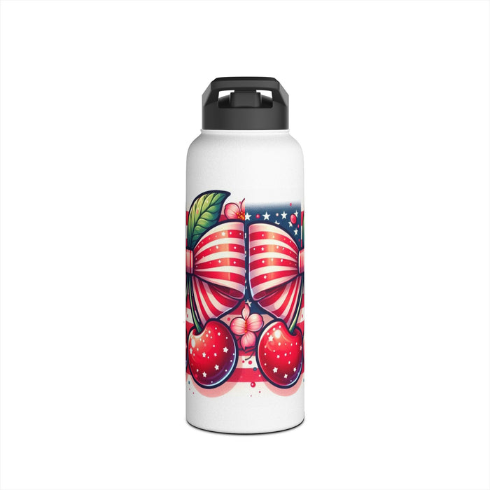 Patriotic Cherry Stainless Steel Water Bottle — USA Flag Ribbon Design
