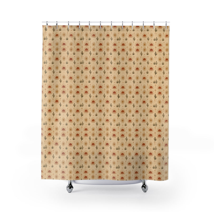 Desert Sunset Shower Curtain — Boho Cactus & Sun Pattern - Creations by Chris and Carlos