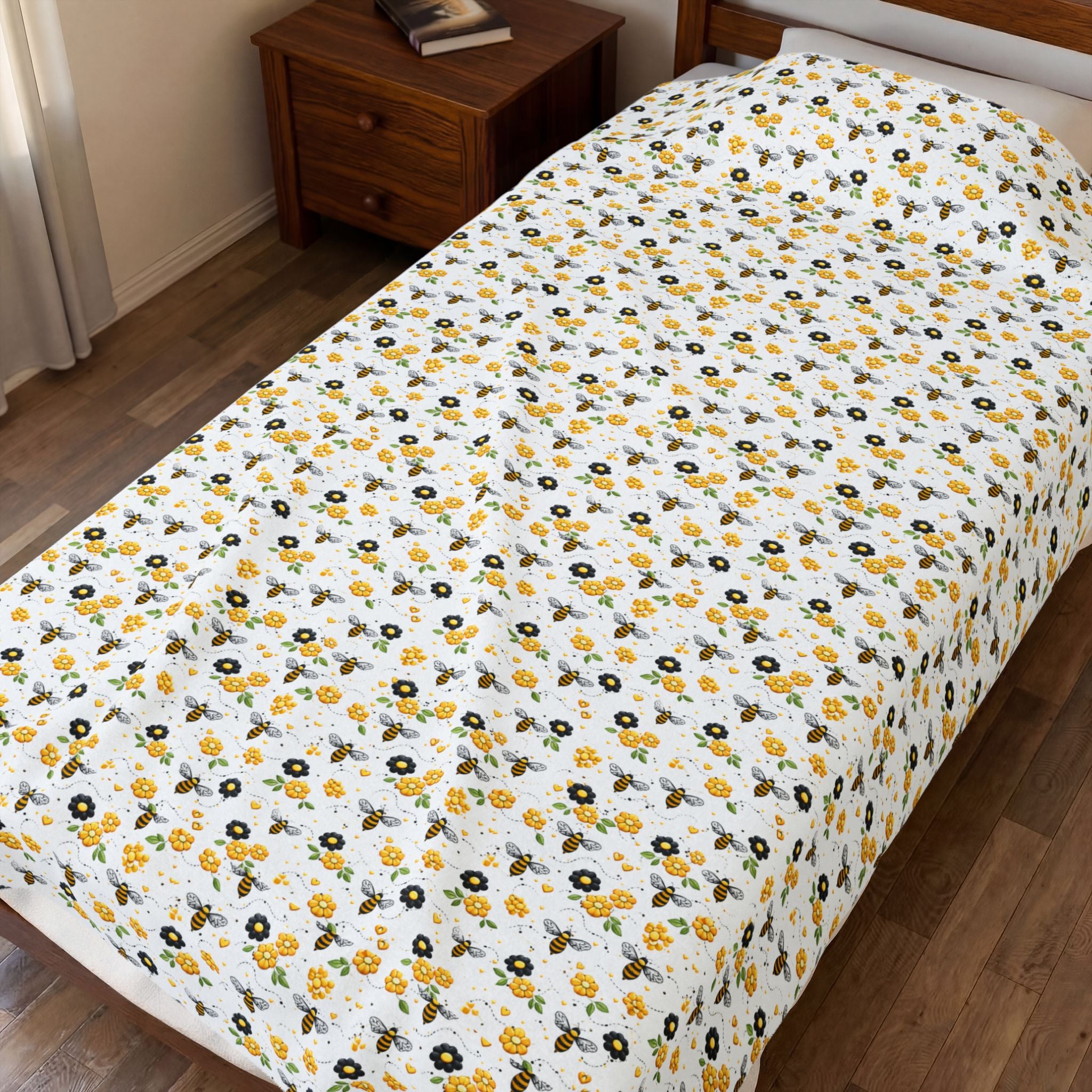 Bee & Sunflower Velveteen Plush Blanket — Cozy Floral Throw for Spring, Garden Lovers & Gift Giving - Creations by Chris and Carlos