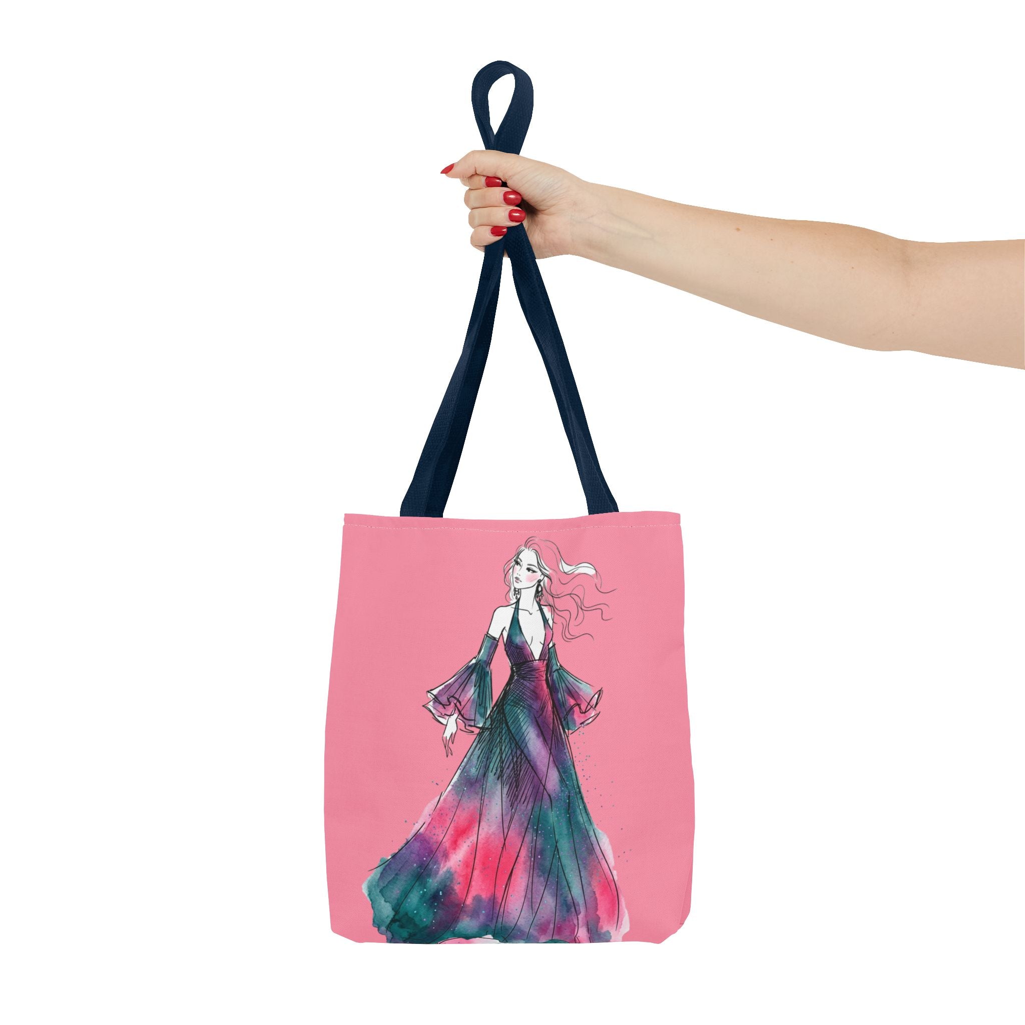 Pink Watercolor Fashion Tote Bag — Elegant Woman in Flowing Dress AOP - Creations by Chris and Carlos