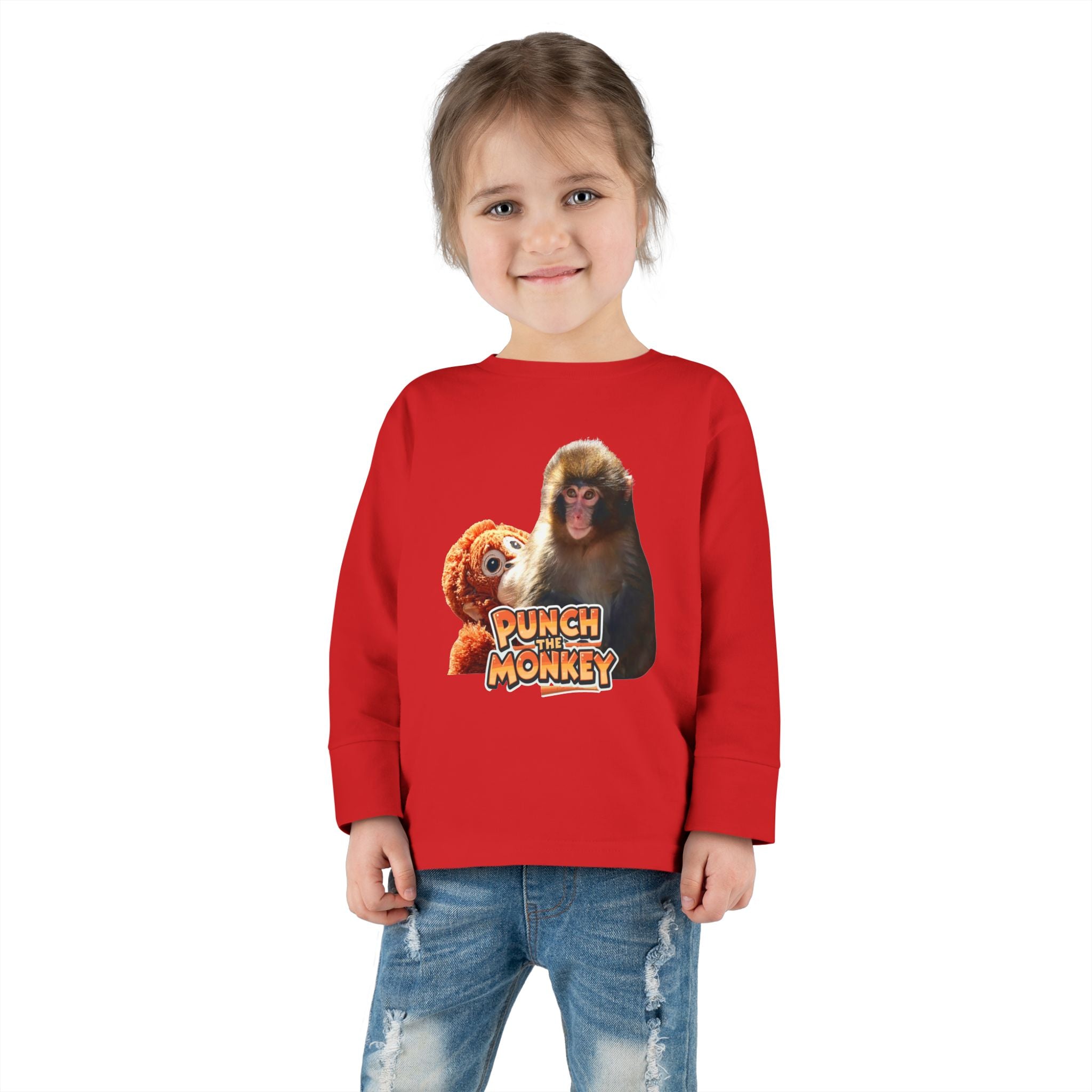 Punch Monkey Toddler Long Sleeve Tee Cute Monkey & Plush Character Shirt for Kids - Creations by Chris and Carlos