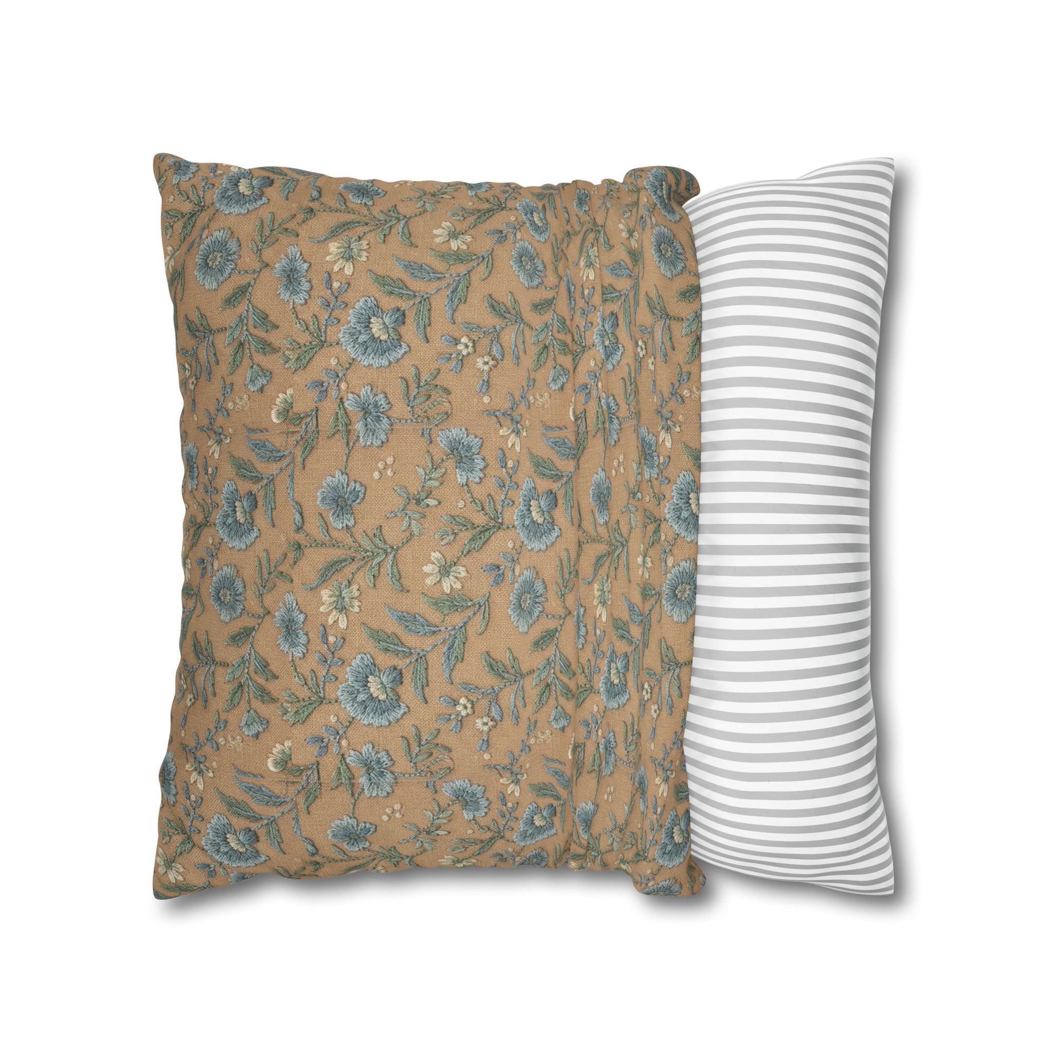 Plumstead Manor Geometric Vintage Floral Pillowcase — Blue Beige Botanical Square Pillow - Creations by Chris and Carlos