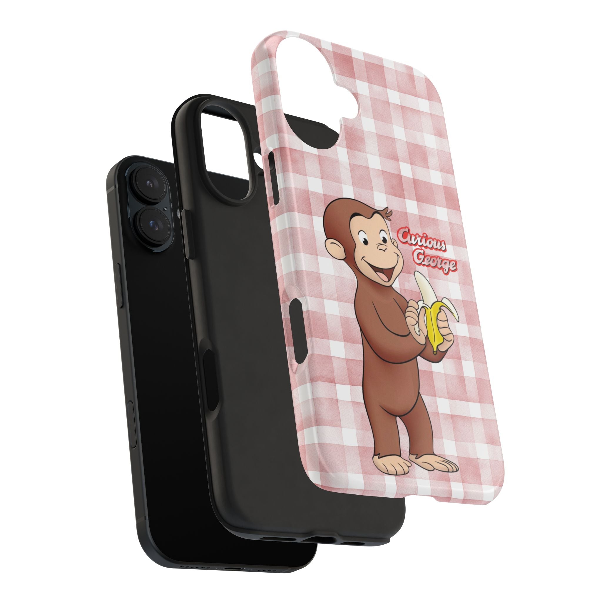 Curious George Banana Tough Phone Case — Cute Kids iPhone Cover, Pink Gingham Protective Case - Creations by Chris and Carlos