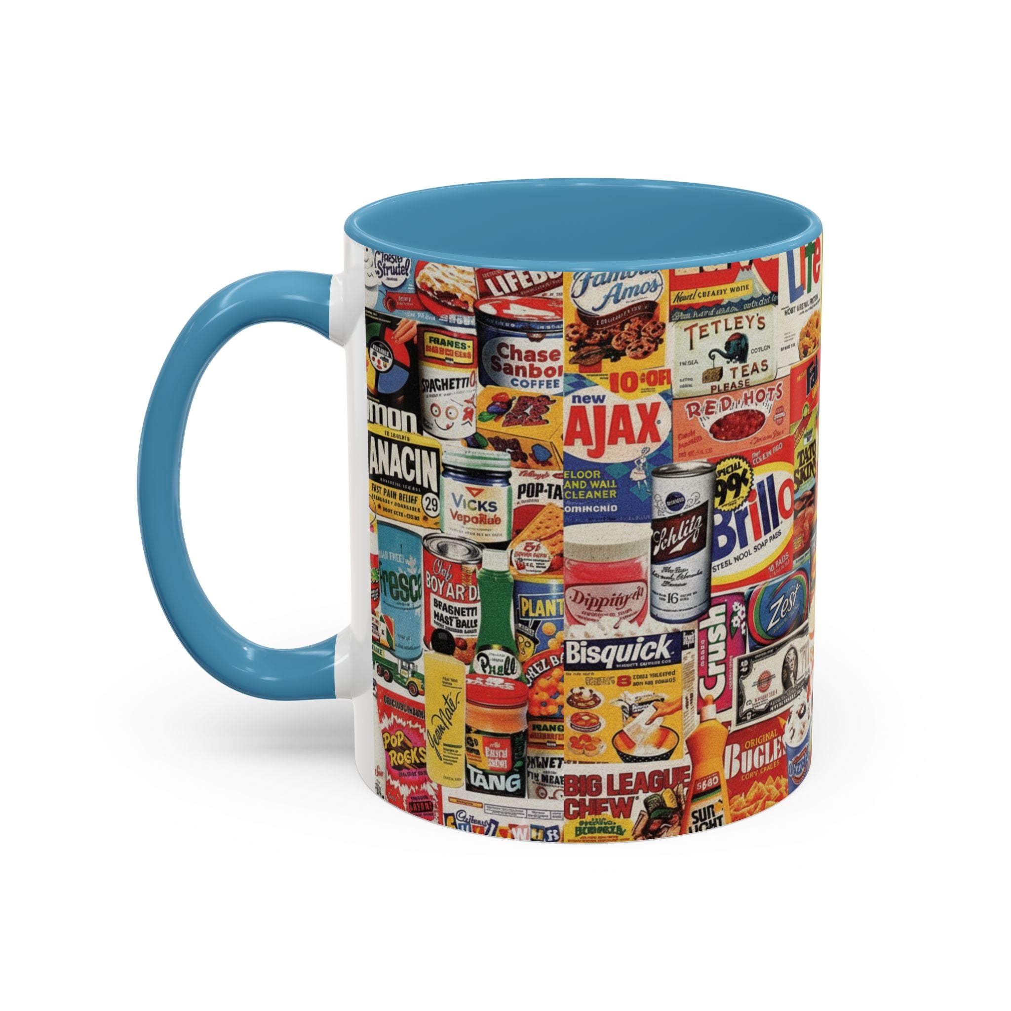 Vintage Retro Ads Coffee Mug — Collage of Classic Brand Labels (11/15oz Accent Mug) - Creations by Chris and Carlos
