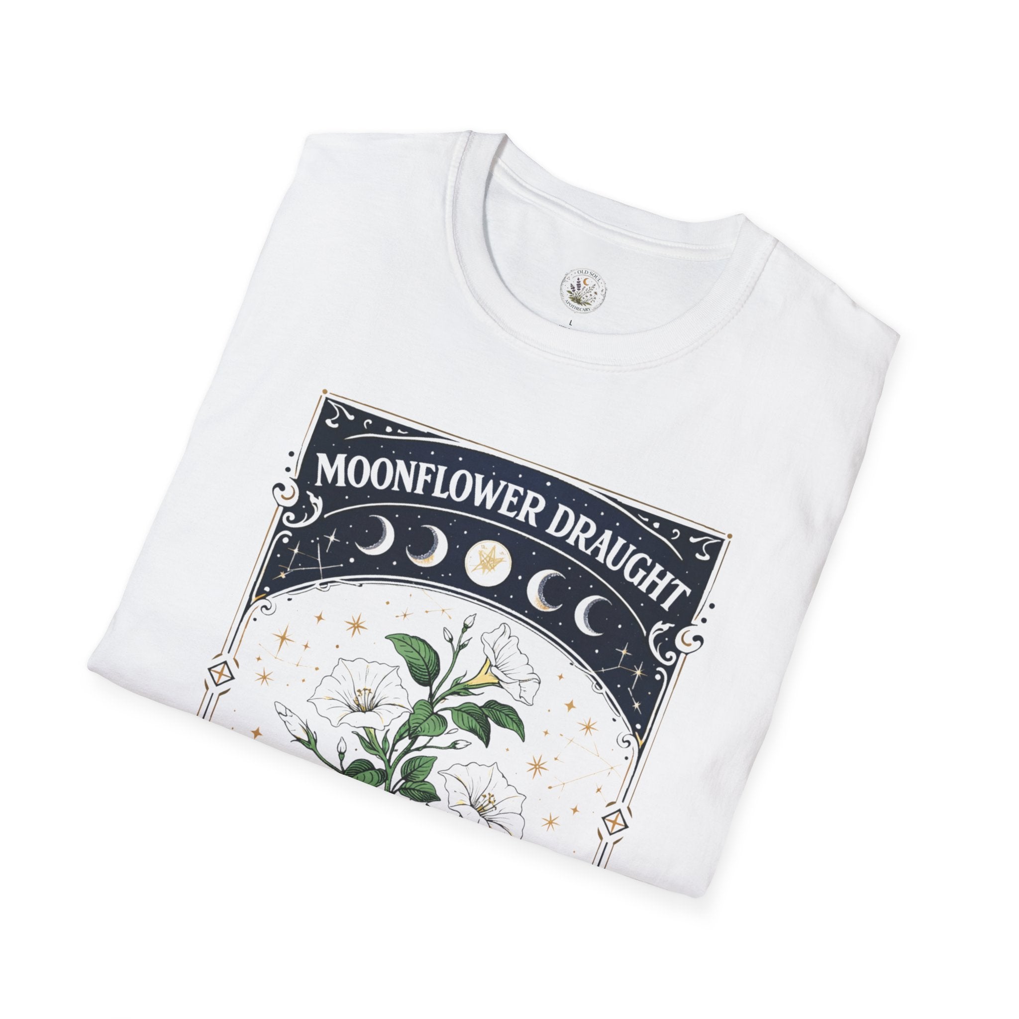 Old Soul Apothecary Moonflower Draught T‑Shirt — Botanical Moon Phase Graphic Tee - Creations by Chris and Carlos