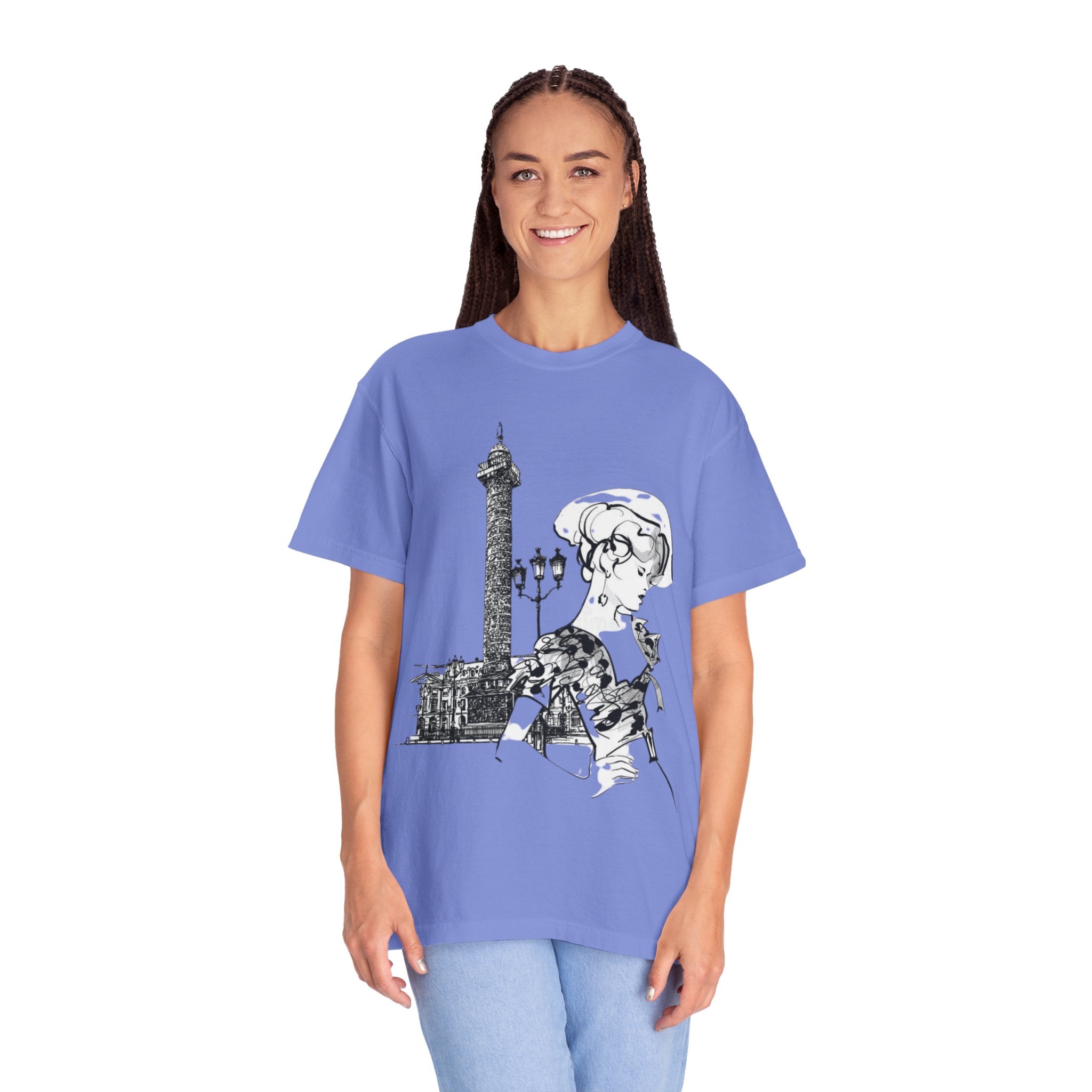 Parisian Vintage Illustration T-Shirt — Eiffel Tower & Chic Lady Tee - Creations by Chris and Carlos