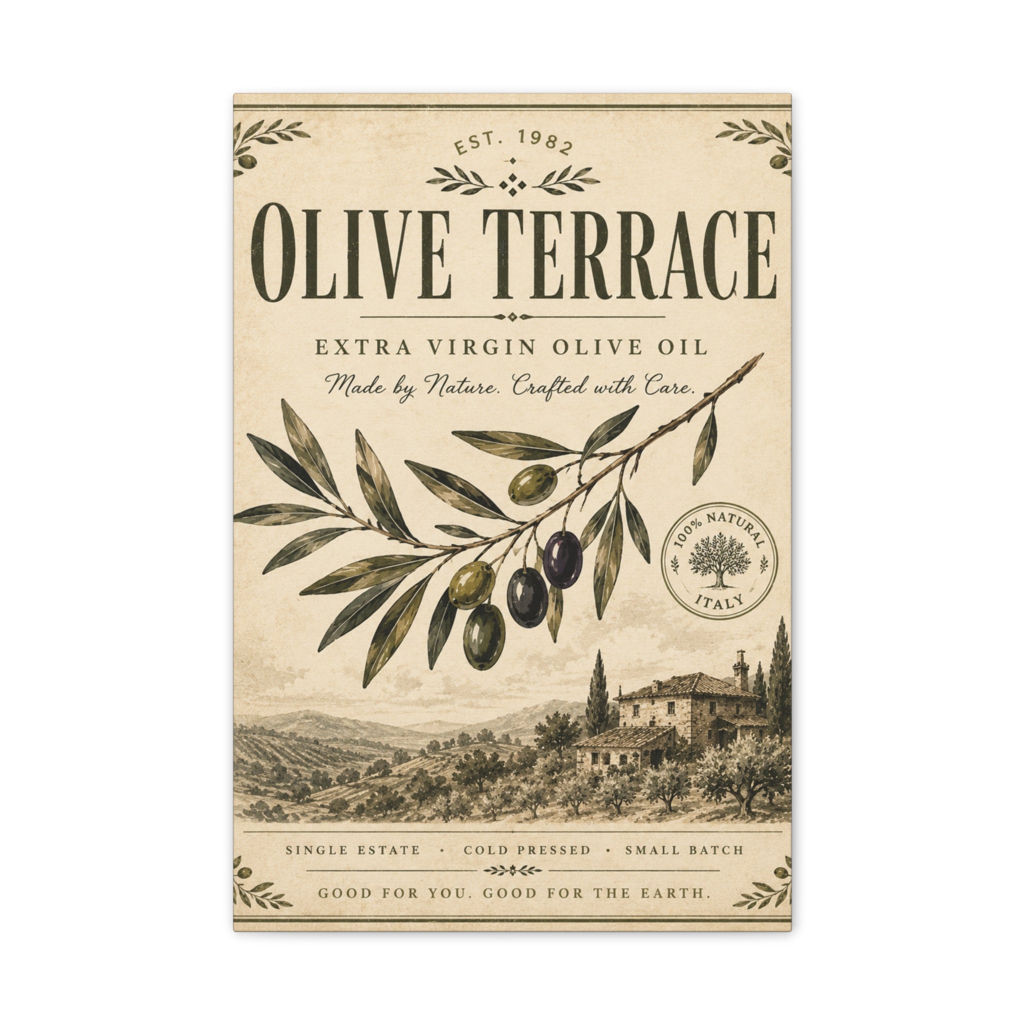 Olive Terrace Canvas Wall Art — Vintage Olive Oil Kitchen Print - Creations by Chris and Carlos