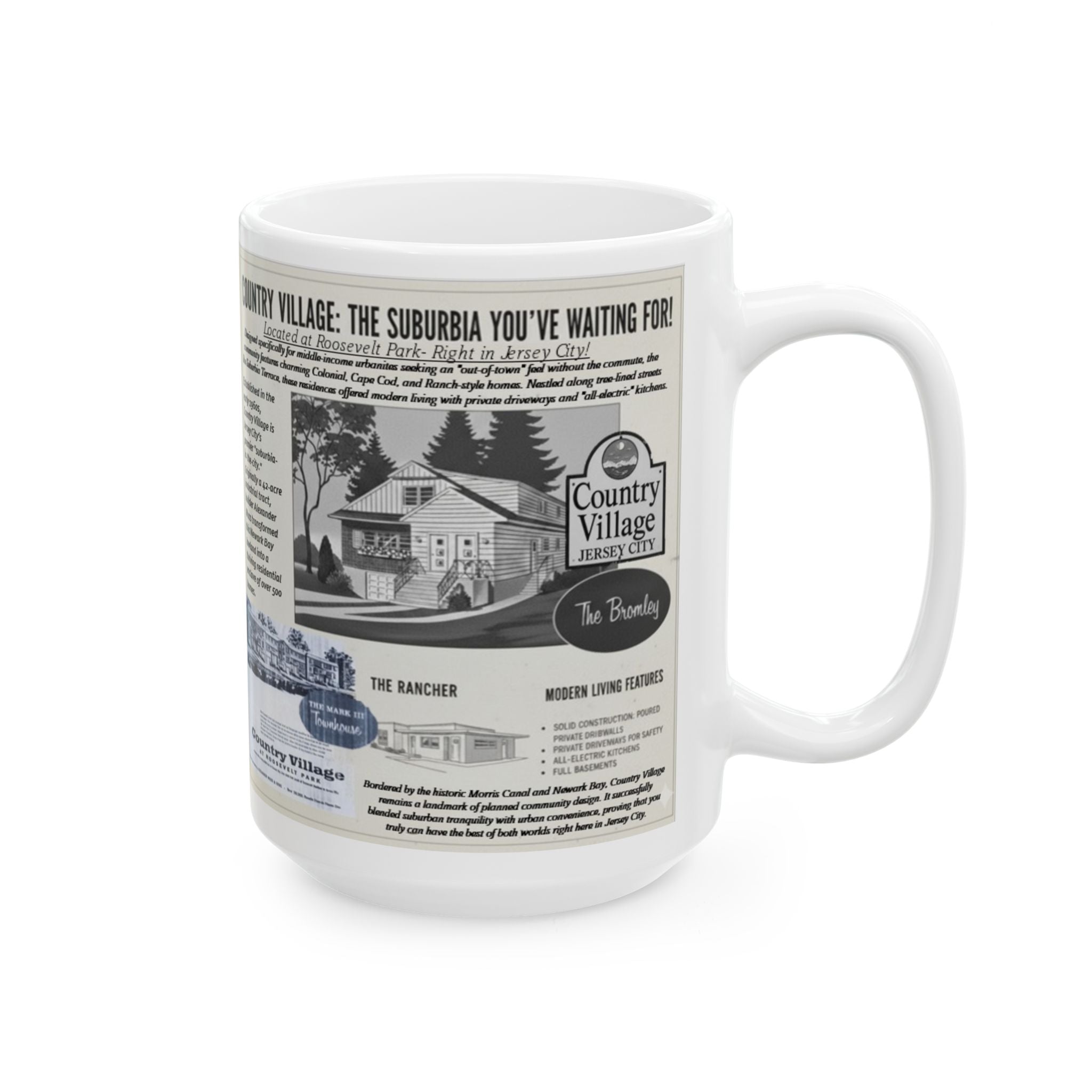 Vintage Country Village Advertisement Ceramic Mug – Retro Newspaper Print (15oz) - Creations by Chris and Carlos