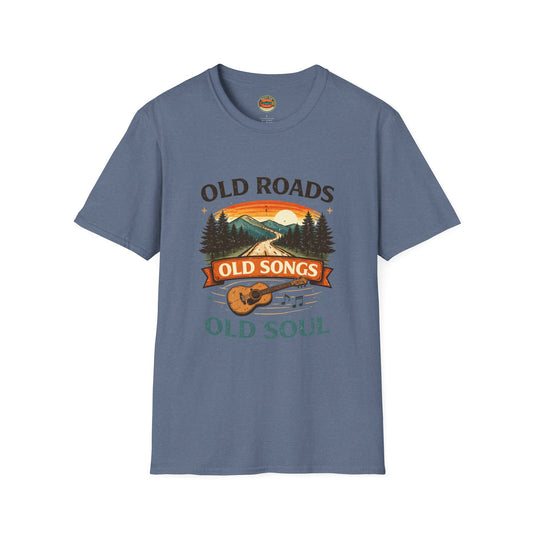 Old Roads Old Songs Old Soul T-Shirt – Vintage Guitar & Mountain Graphic - Creations by Chris and Carlos