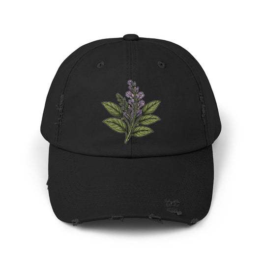 Old Soul Apothecary Distressed Black Baseball Cap with Lavender Sprig Embroidery - Creations by Chris and Carlos