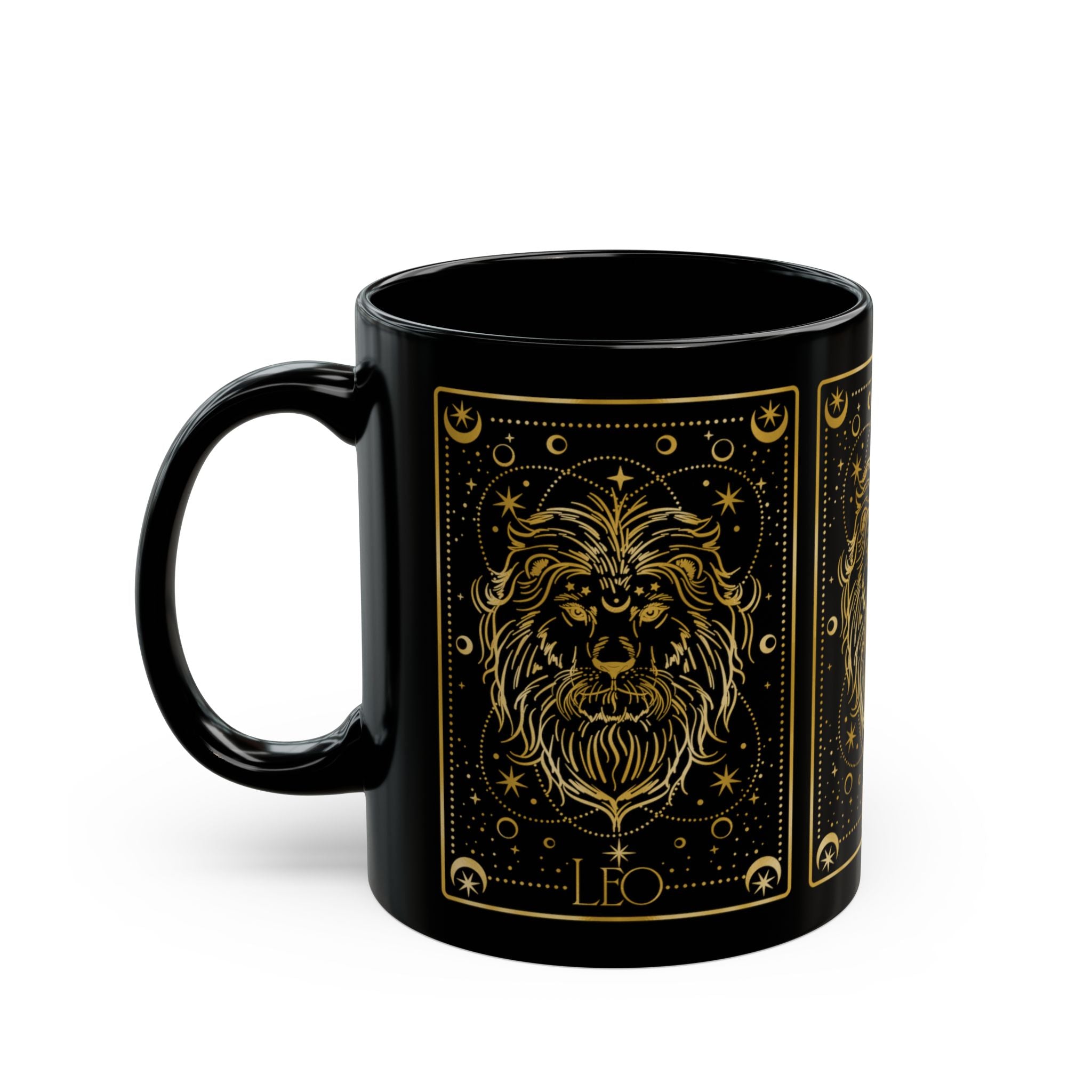 Leo Zodiac Black Mug — Gold Lion Astrology Coffee Cup (11oz/15oz) - Creations by Chris and Carlos