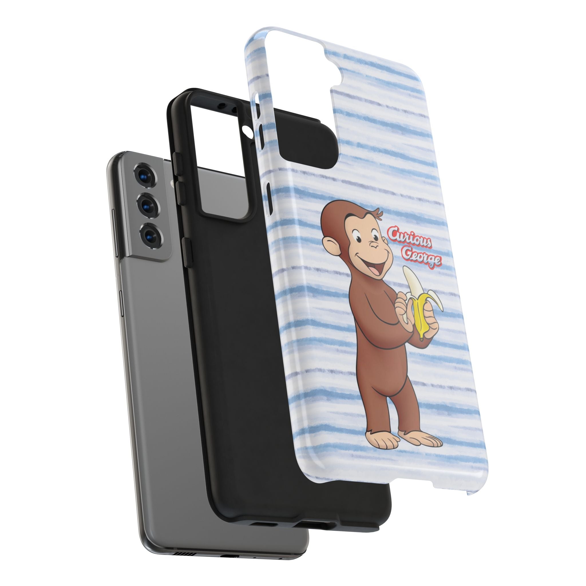 Curious George Banana Tough Phone Case — Cute Kids iPhone Cover, Blue Stripe Protective Case - Creations by Chris and Carlos