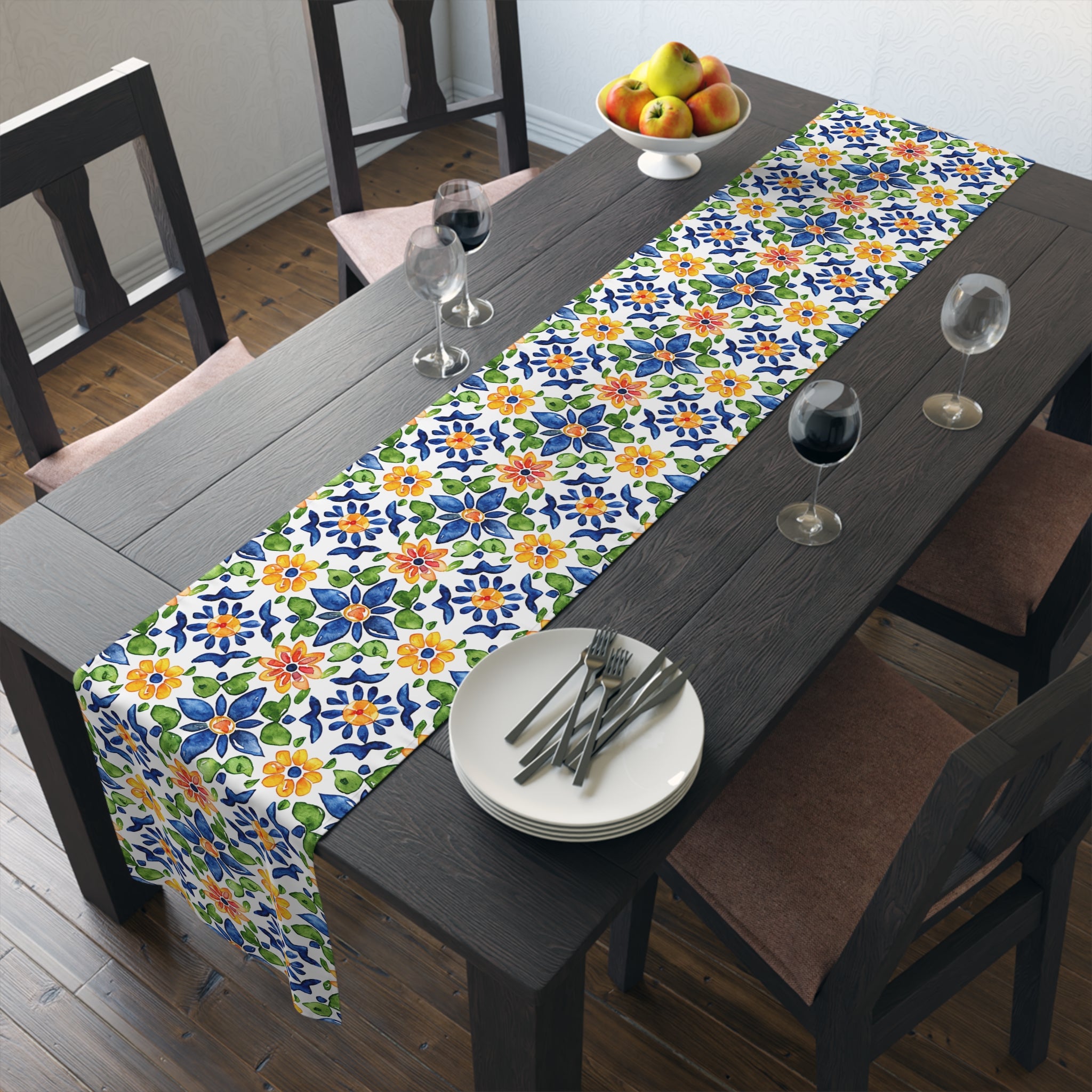 Sol y Alegría (Sun and Joy) Collection- Cactus Succulent Pattern Microfiber Blanket Soft Velveteen Throw for Home & Garden Lovers Floral Tile Table Runner — Blue & Yellow Mediterranean Pattern - Creations by Chris and Carlos