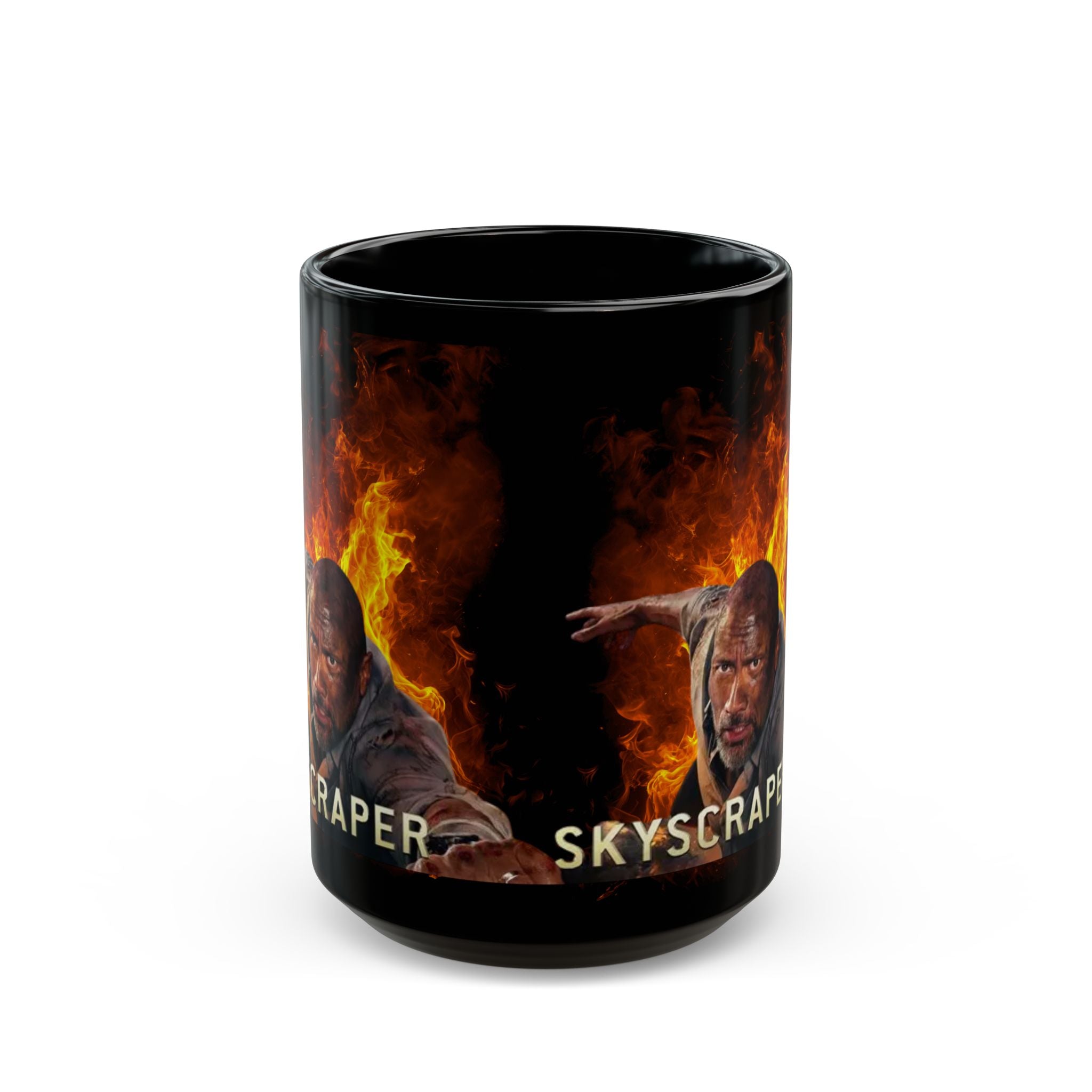 Skyscraper Movie Mug — Dwayne Johnson Action Fire Scene 11oz/15oz Black Coffee Cup - Creations by Chris and Carlos