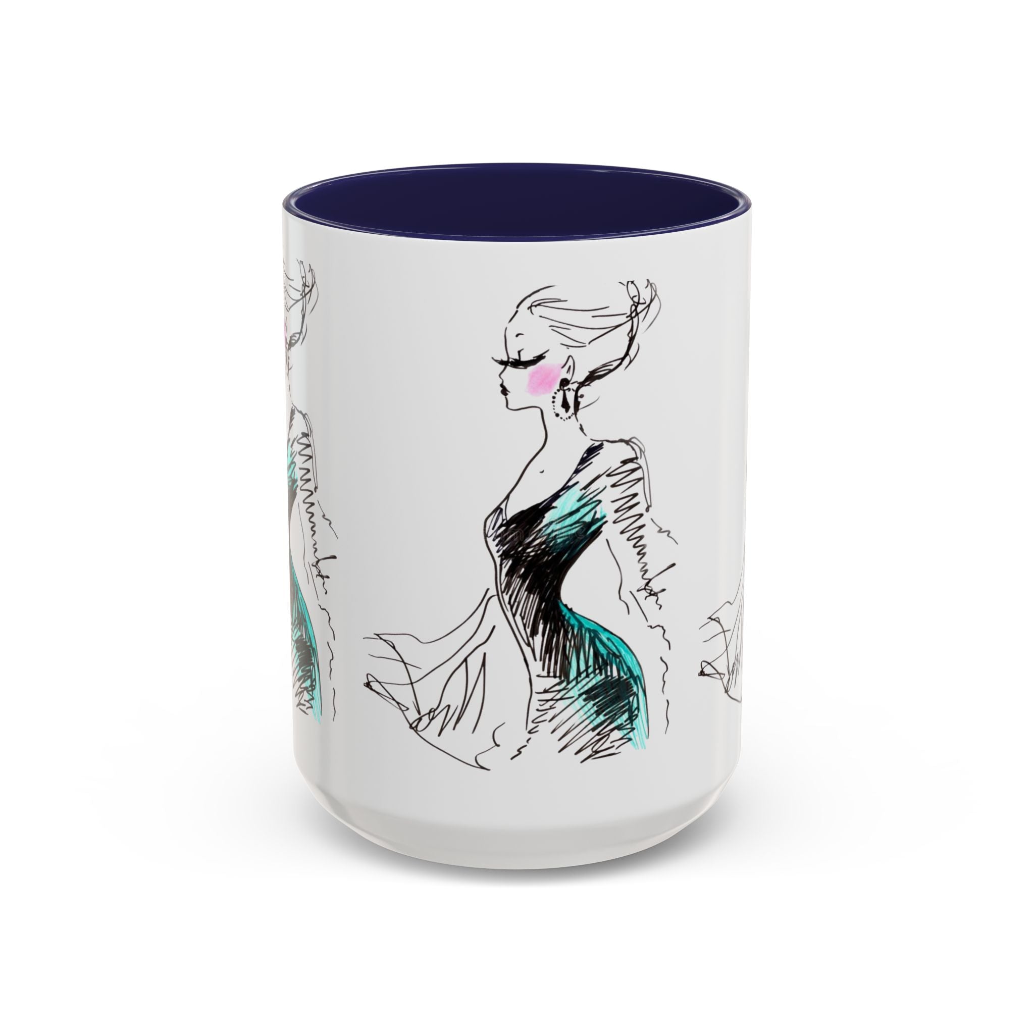Fashion Sketch Accent Coffee Mug — Chic Hand-Drawn Dress Illustration (11/15 oz) - Creations by Chris and Carlos