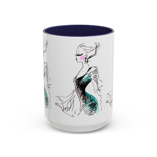 Fashion Sketch Accent Coffee Mug — Chic Hand-Drawn Dress Illustration (11/15 oz) - Creations by Chris and Carlos