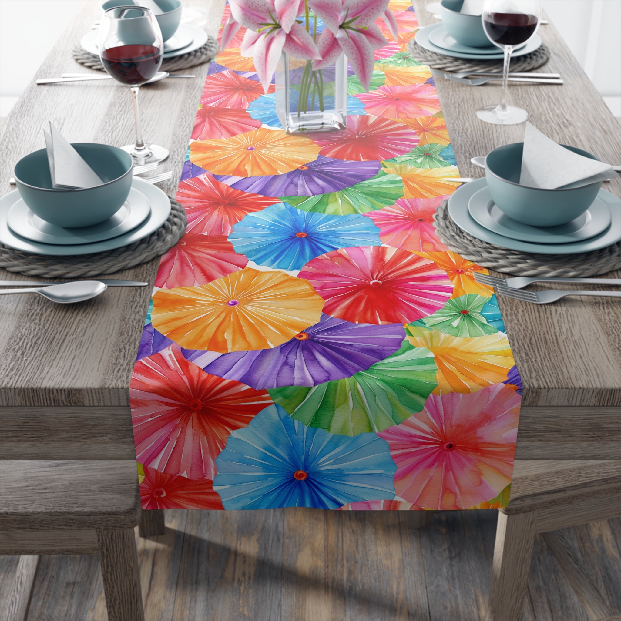 Floral Parasol Pattern Table Runner — Colorful Summer Umbrella Design - Creations by Chris and Carlos