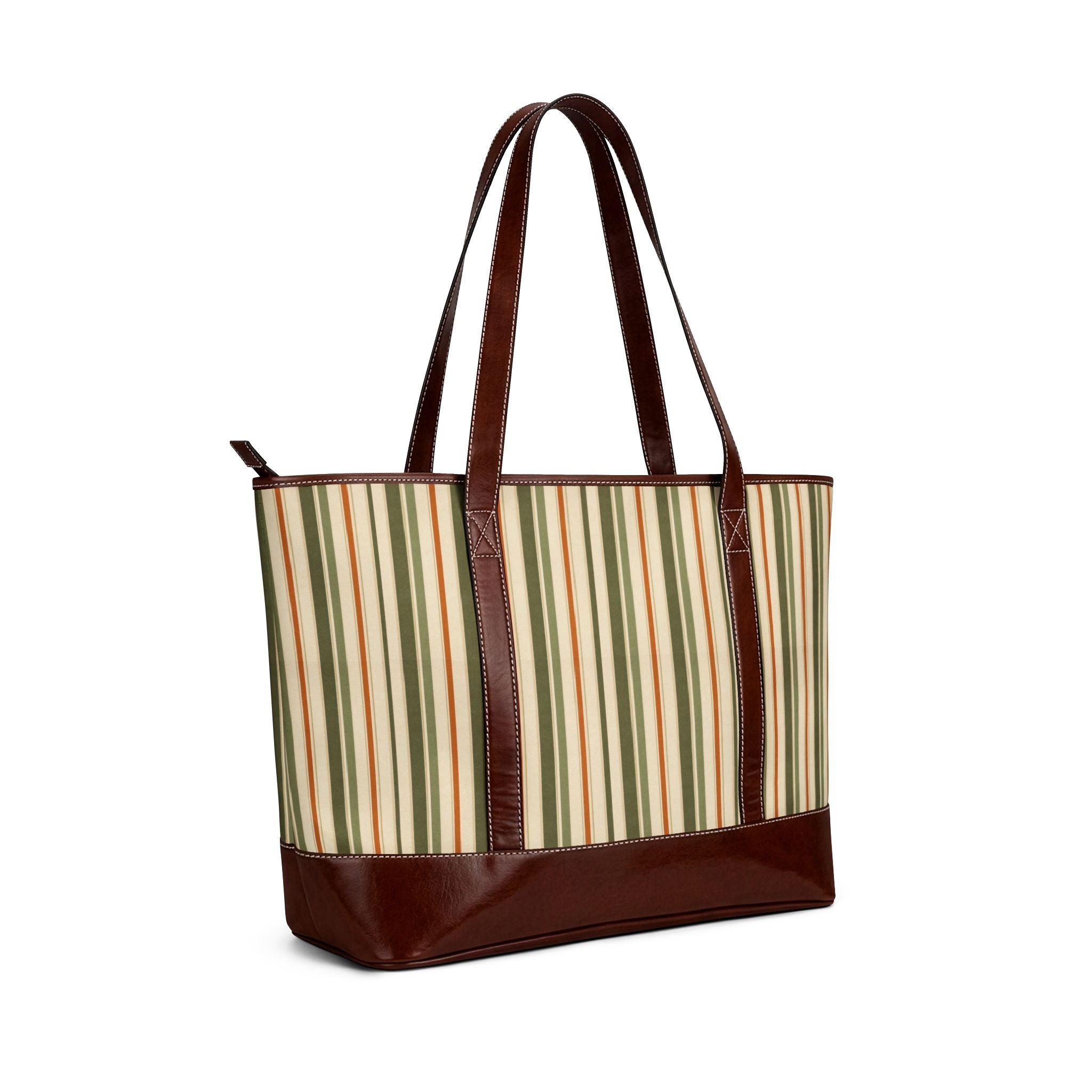 Striped Canvas Tote Bag — Vintage Green & Brown Summer Handbag - Creations by Chris and Carlos