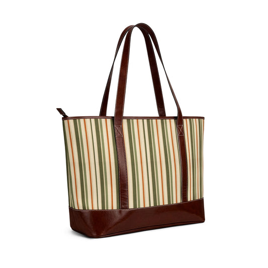Striped Canvas Tote Bag — Vintage Green & Brown Summer Handbag - Creations by Chris and Carlos