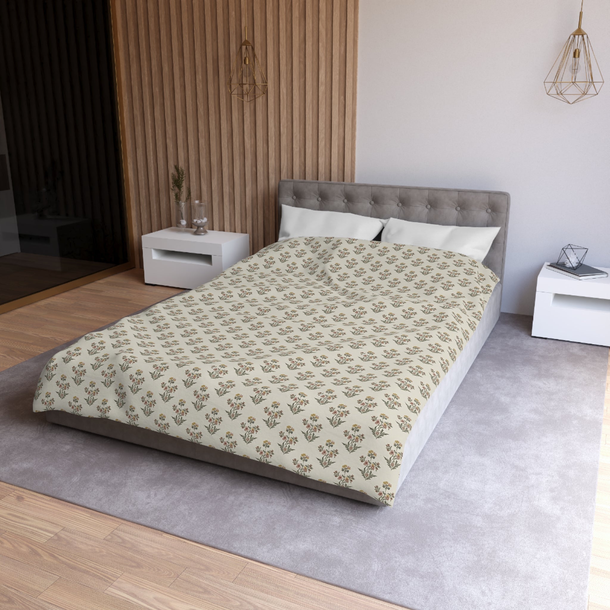 Neutral Floral Pattern Microfiber Duvet Cover — Minimal Boho Bedding - Creations by Chris and Carlos