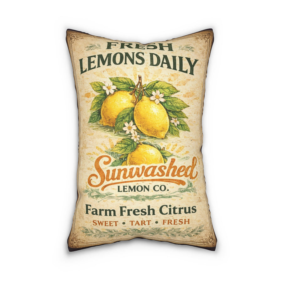 Vintage Lemon Farm Lumbar Pillow — "Fresh Lemons Daily" Citrus Kitchen Decor