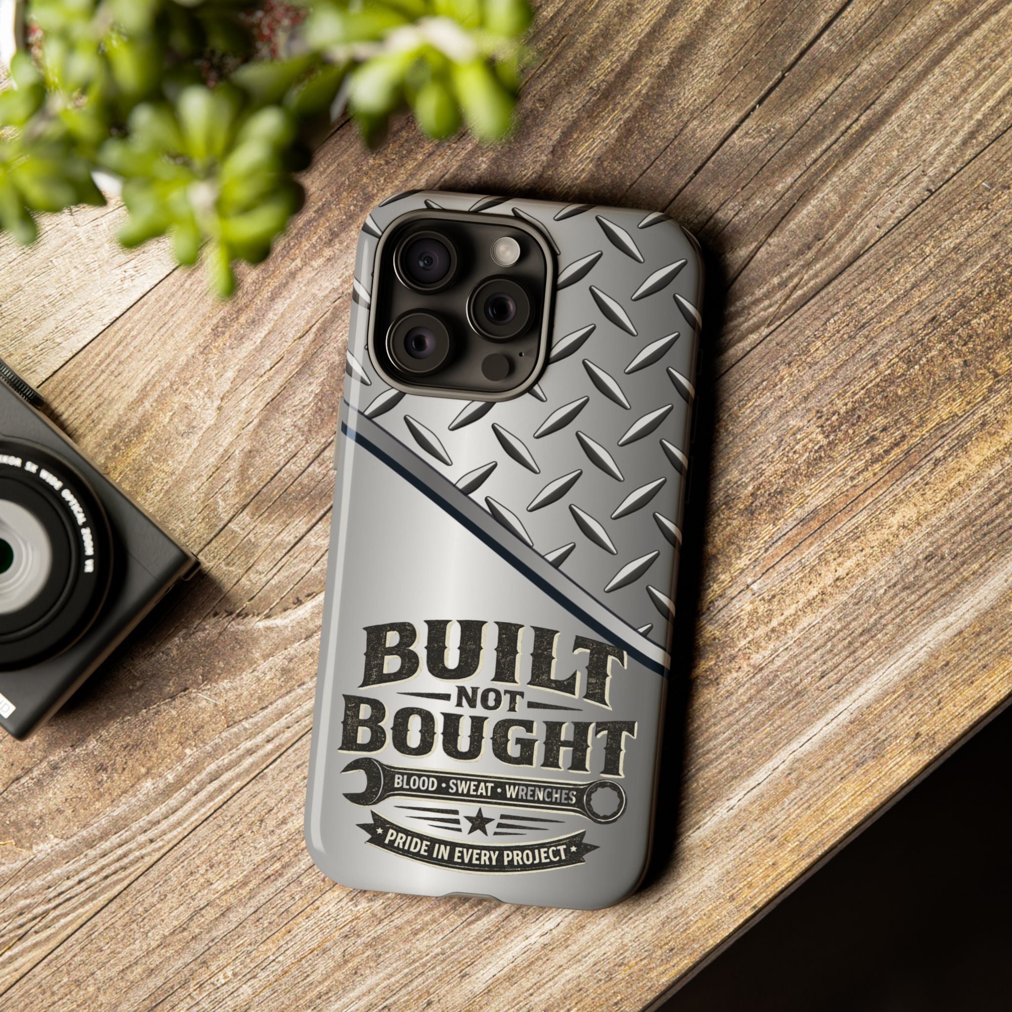 Built Not Bought Metal Diamond-Plate Phone Case — Rugged Tool Lover Gift - Creations by Chris and Carlos