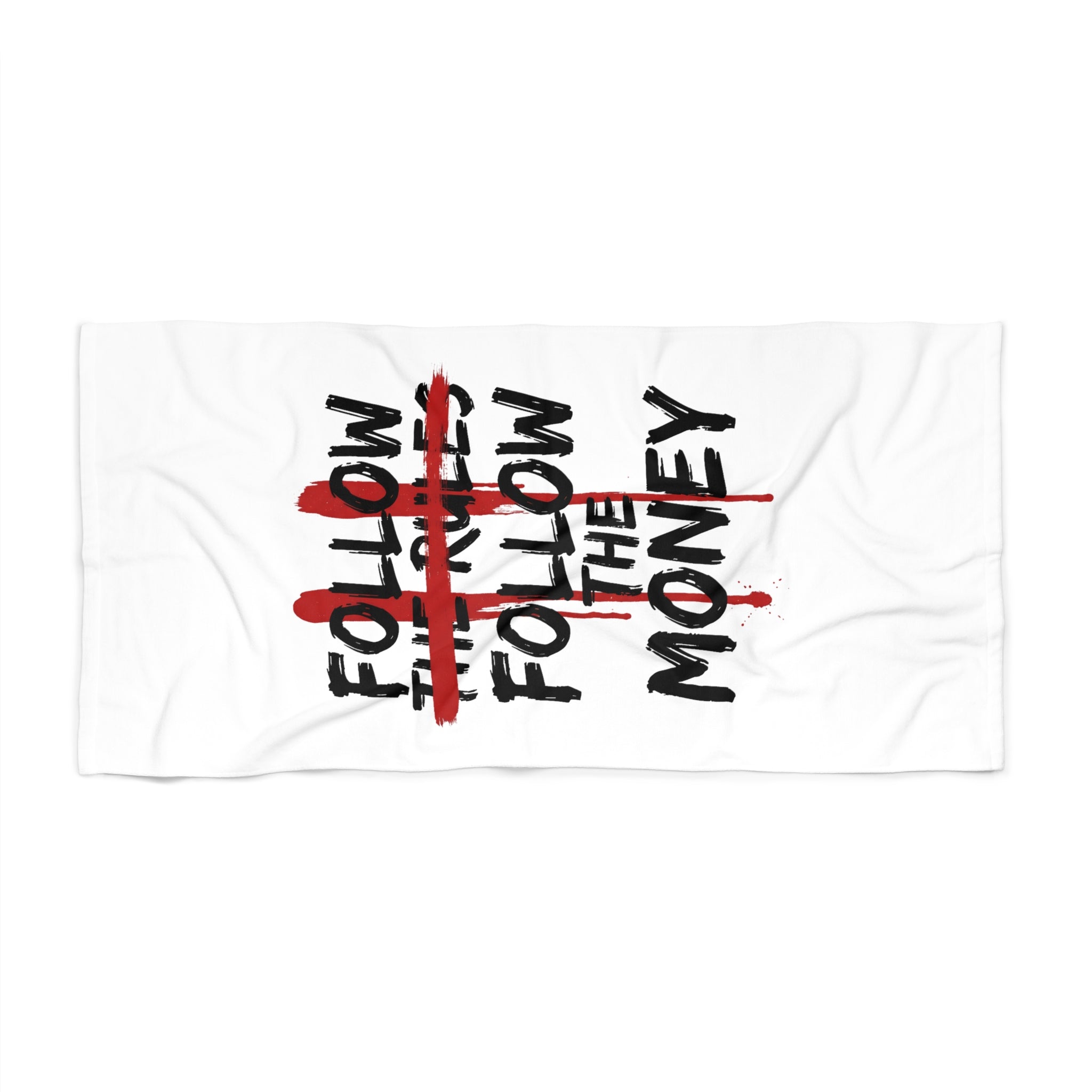 Beach Towel — "Follow the Money" Graphic Beach Towel (Bold Red Strike-Through) - Creations by Chris and Carlos