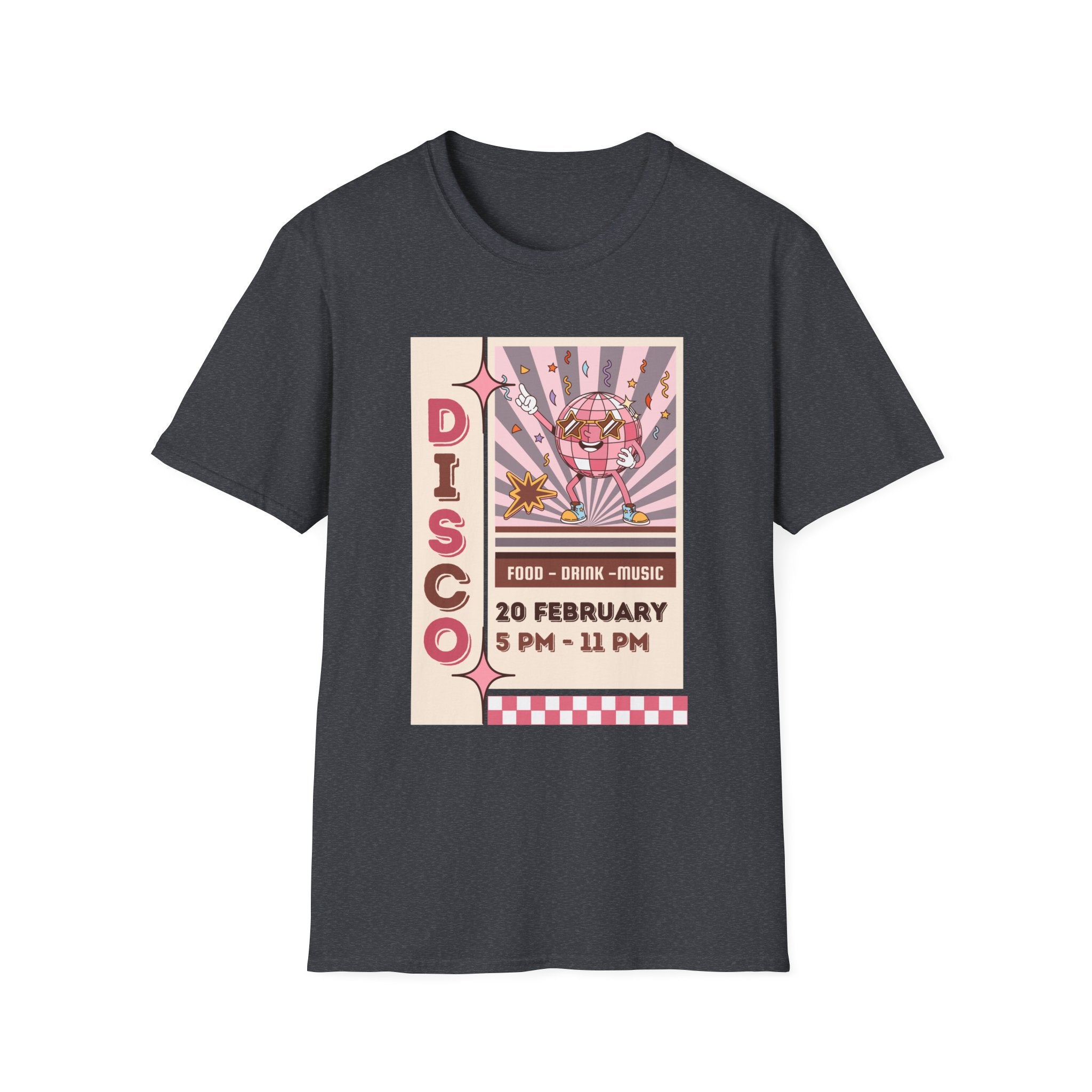 Disco Party T-Shirt — Retro 70s Vinyl Night Poster Tee ("DISCO" 20 February 5PM–11PM) - Creations by Chris and Carlos