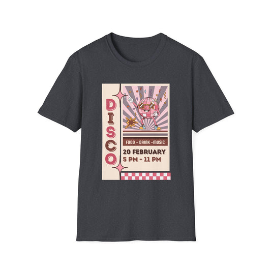 Disco Party T-Shirt — Retro 70s Vinyl Night Poster Tee ("DISCO" 20 February 5PM–11PM) - Creations by Chris and Carlos