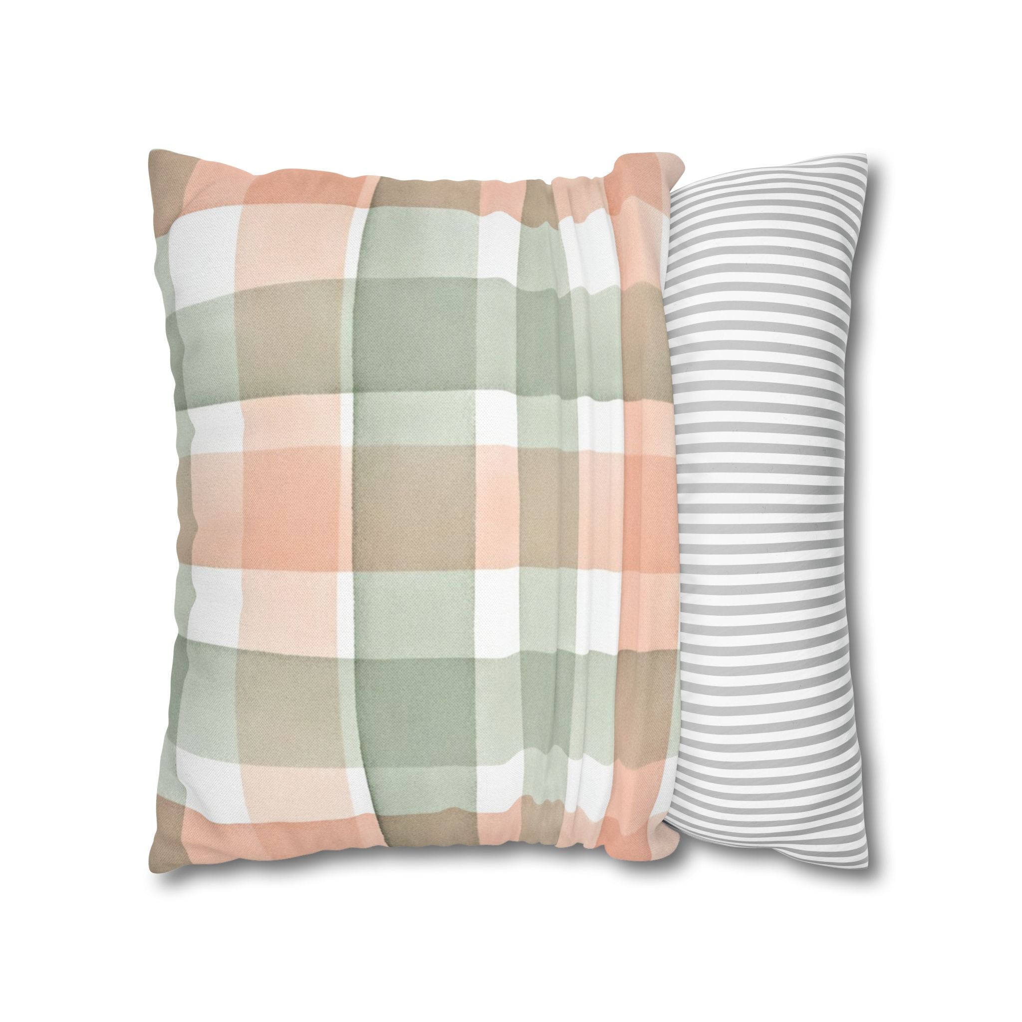 The Artisanal Flora Gallery Pastel Buffalo Check Pillowcase — Peach & Sage Plaid Square Pillow Cover - Creations by Chris and Carlos