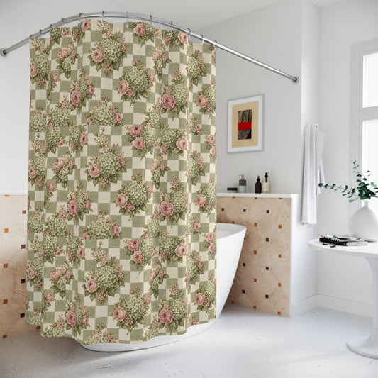 Floral Check Vintage Shower Curtain — Pink Roses & Green Hydrangea Pattern - Creations by Chris and Carlos