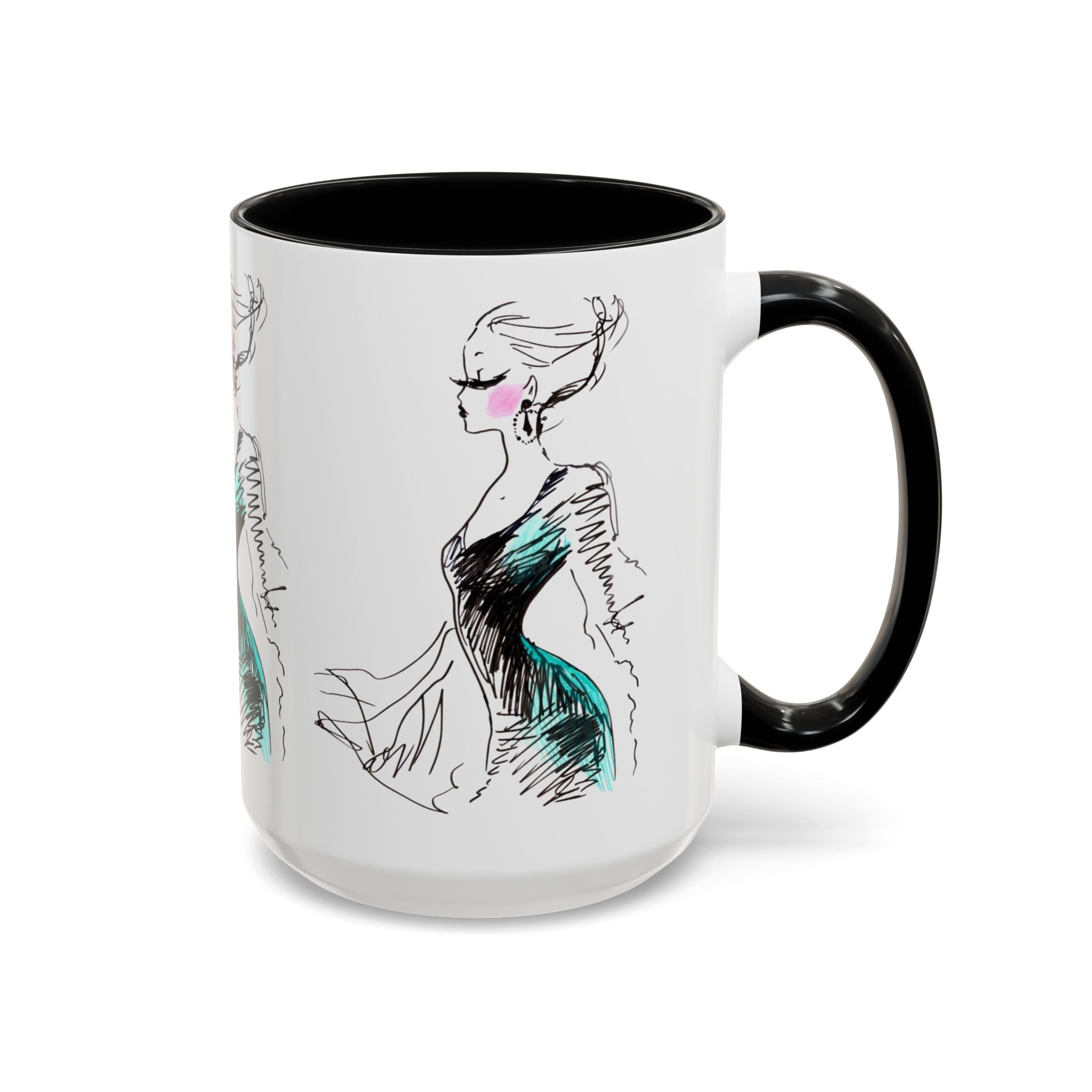 Fashion Sketch Accent Coffee Mug — Chic Hand-Drawn Dress Illustration (11/15 oz) - Creations by Chris and Carlos