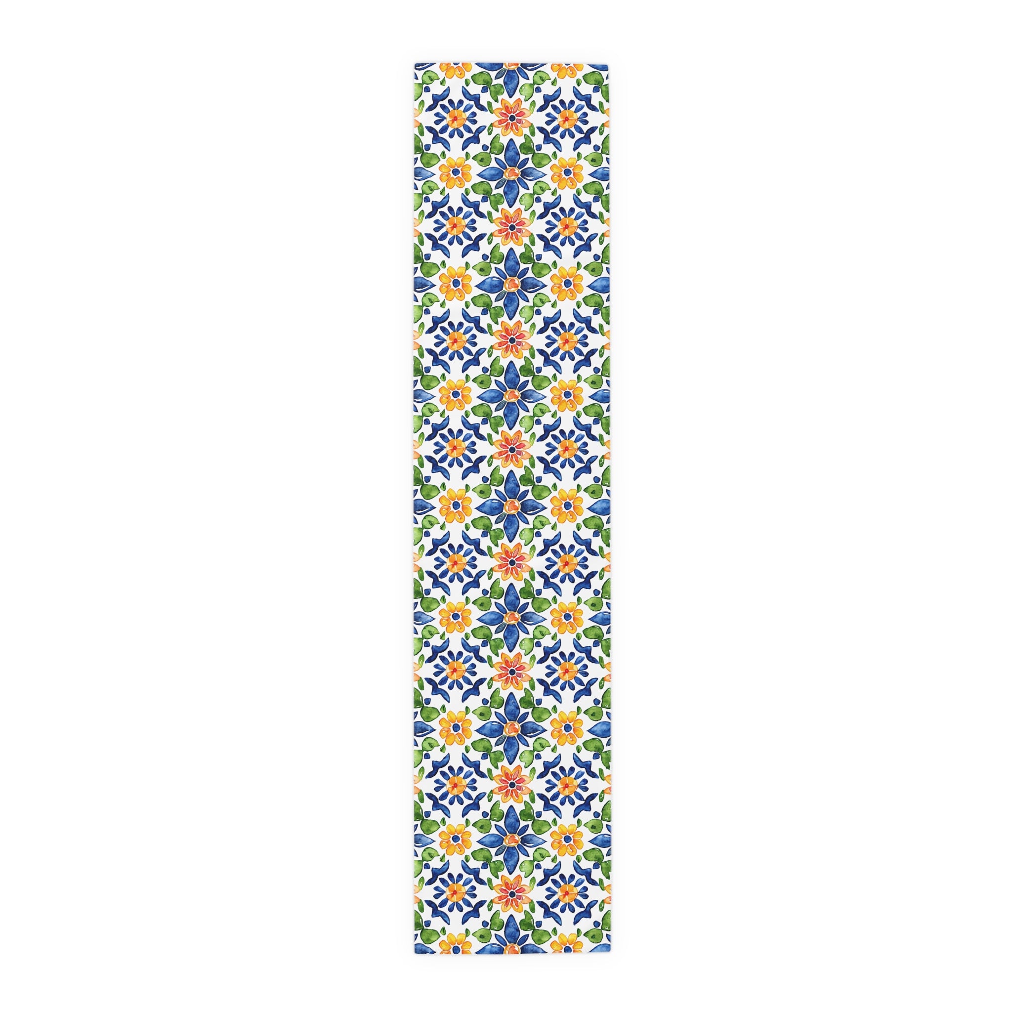 Sol y Alegría (Sun and Joy) Collection- Cactus Succulent Pattern Microfiber Blanket Soft Velveteen Throw for Home & Garden Lovers Floral Tile Table Runner — Blue & Yellow Mediterranean Pattern - Creations by Chris and Carlos